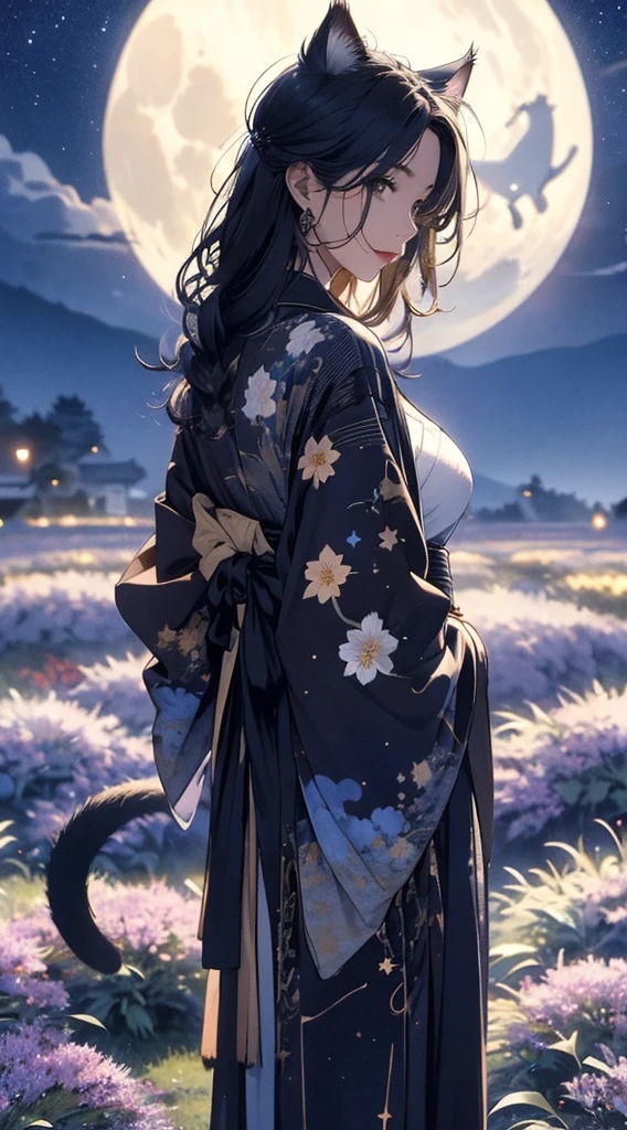 masterpiece, high quality, 4K, Beautiful design, Back view,silhouette， 非常に詳細な夜のStarry Sky,Flower Field， wonderful, Finer details,  Very knowledgeable woman, Highly detailed solo, 1 female,Cat ear，Big Breasts，kimono，Night view，Starry Sky，full moon，