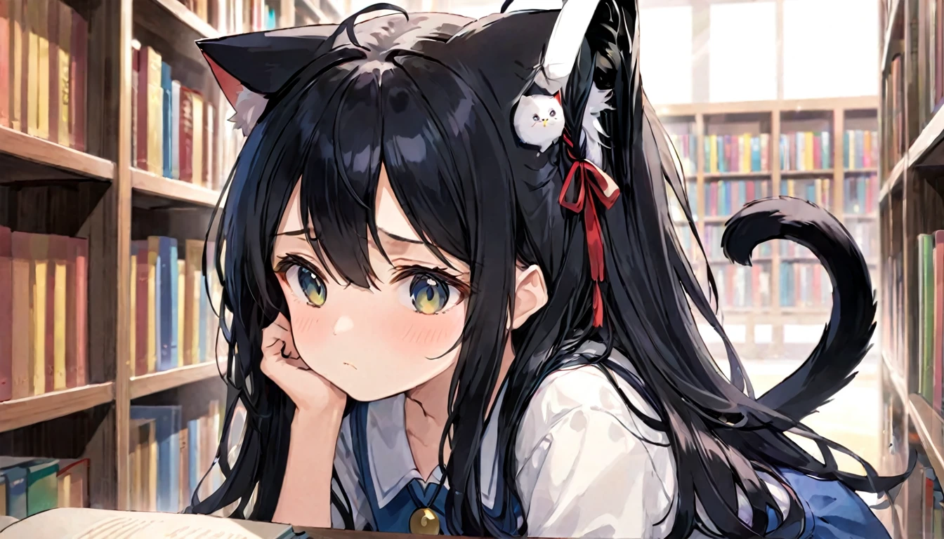 library、encounter、Cat ears girl、Long Black Hair、Sad expression