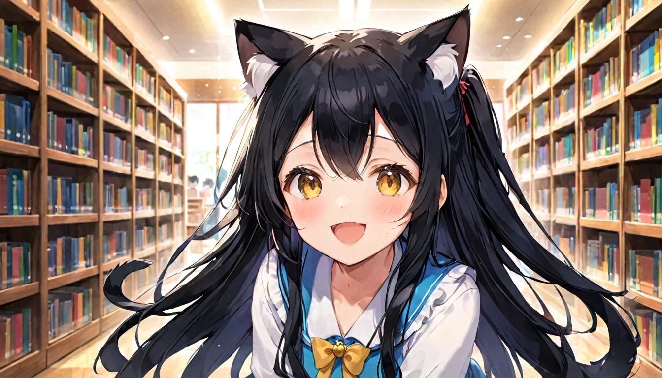 library、encounter、Cat ears girl、Long Black Hair、Happy expression