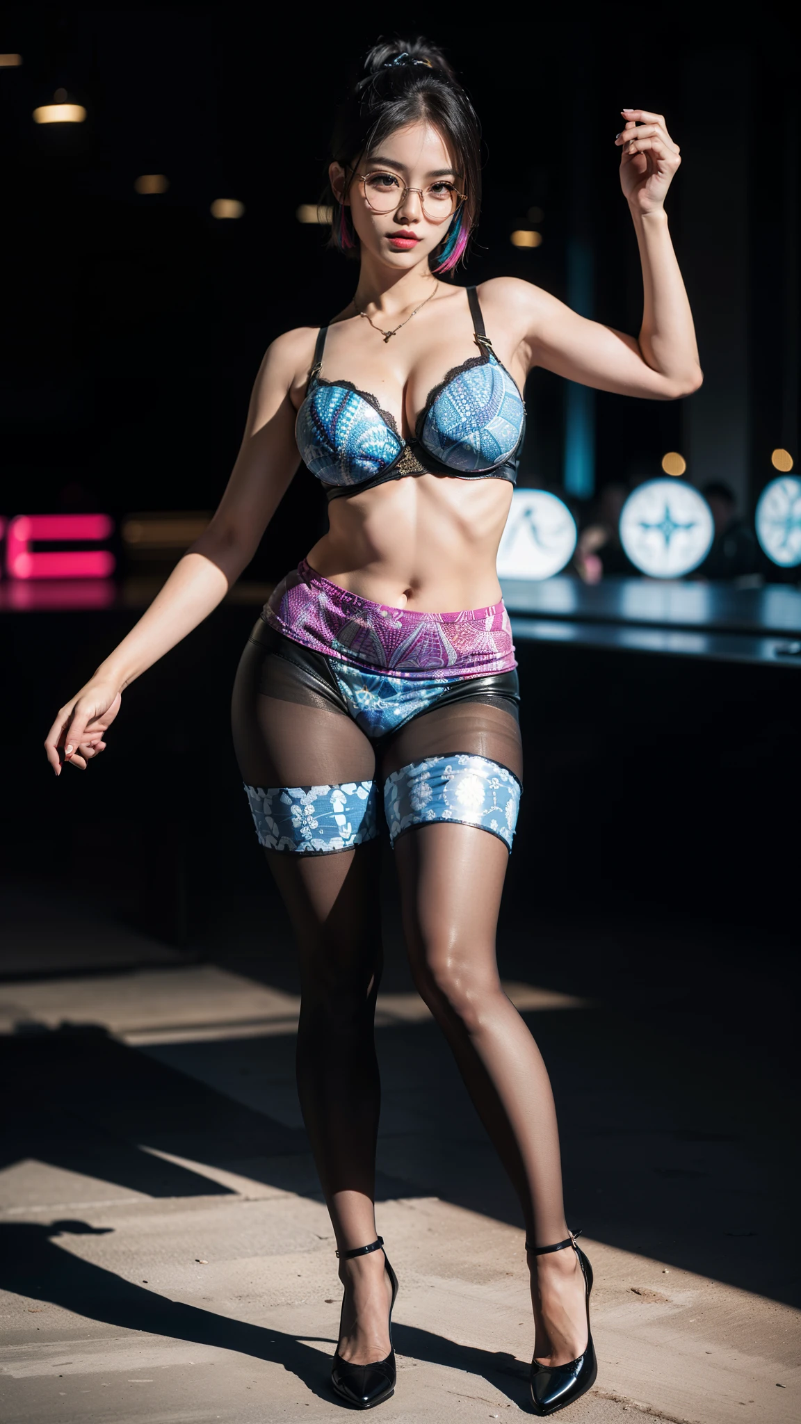 ,(full body:1.5),(((only one girl)):1.4),(view the viewer:1.4),((anatomy correct):1.45),(((dancing in the night club, Perfectly integrated background))):1.3),(she wears large glasses and Holding bra & pantie in her hand:1.2),(shy:1.15),((leather set):1.2),(((((((patterns)))))) ,((thick pantyhose)):1.3),(high heels leather shoes:1.1),((Long legs and large chest):1.3),((((colorful))):1.4),(Accurate and perfect face:1.3),((black short hair):1.2),hyper HD, Ray traching, reflective light, structurally correct, Award-Awarded, high detail, lighten shade contrast, Face lighting ,cinematic lighting, masterpiece, super detailing, high quality, high detail, best quality, 16k,High contrast,