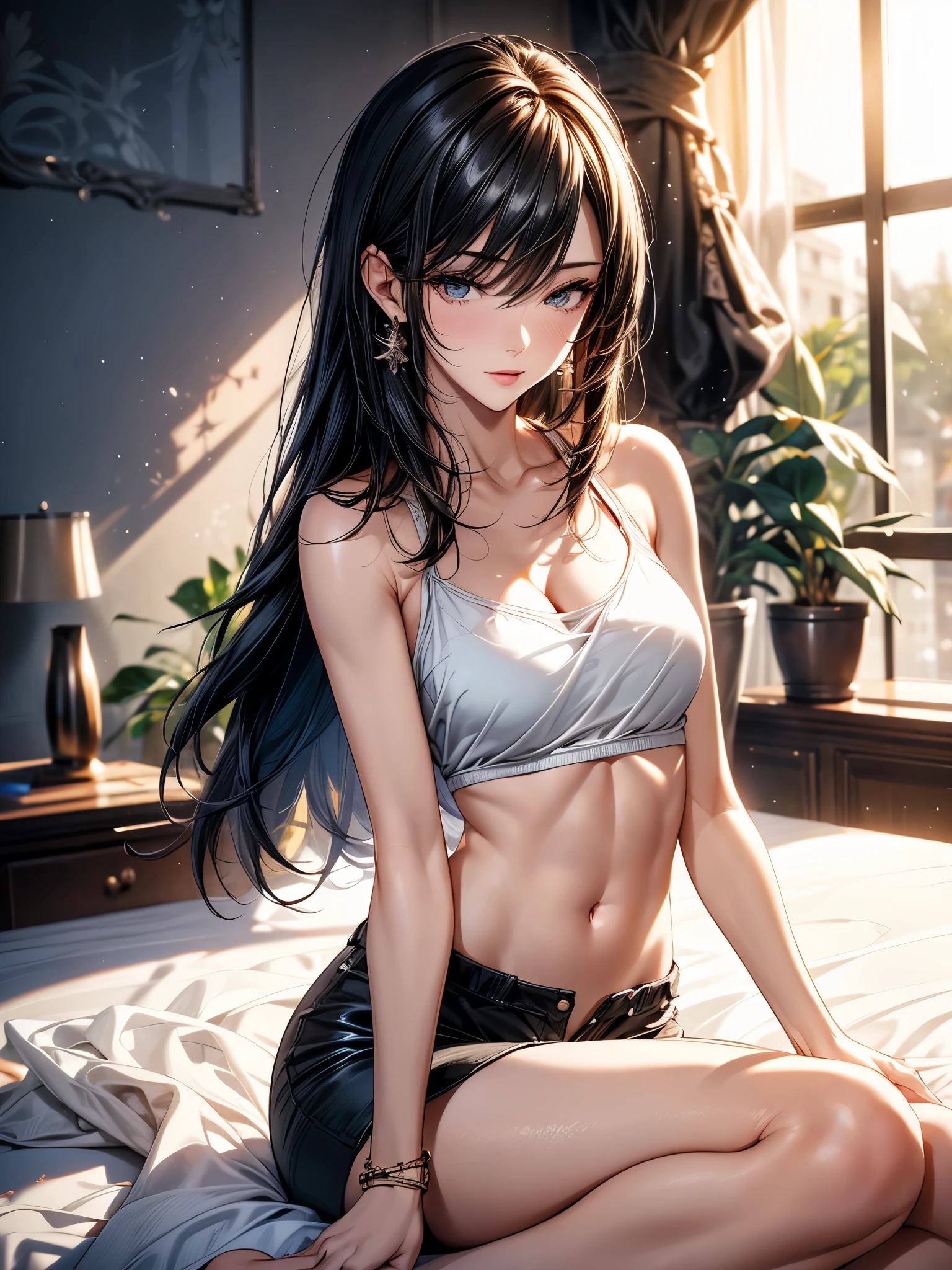 beauty, Hidden Face, 1 girl, beauty: 1.3, Slim abdominal muscles: 1.1, camisole, long black hair, (Sitting on the bed), Ultra-fine face, Very detailed lips, Delicate eyes, Double eyelids, Octane Render