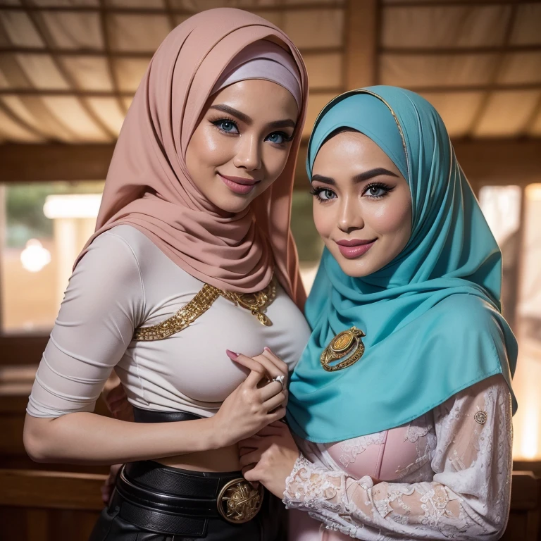(((Back Ground setting: morning time, smiling, happy, bright sunshine, beach, blurred background, bokeh,realistic, ultra-detailed,))) Beautiful and gorgeous Hijab Malay sexy body, big breast, malay, The whole body consists of a young girl with hijab Kimono, Eye makeup, 38 year old, Cat ears, Soft lighting, groups, Wear shabby clothes, Dirty, Tattered futuristic military uniform, Cat's paw badge, Pose, spot color, rendering by octane, Ultra-realistic intricate details, big breasts, big breasts, big breasts, two MAPAY women in lingerie posing for a picture in a room, oppai, posing together in bra, MIRA FILZAH and IMAN TAYORE, red bra, all red, oppai proportions, sexy :8k, 4 k, big breasts!, bottom angle, big breasts!!, Malay beauties, biomechanical oppai, fujita goro and jones, thicc, wearing hijab, hijab star, hijab gorgeous, hijab super model, Malaysian girls group,malay, The whole body consists of a young girl with hijab, Eye makeup, 21yo, Cat ears, Soft lighting, group, Wear shabby clothes, Dirty, Tattered futuristic bikini, Cat's paw badge, Pose, spot color, rendering by octane, Ultra-realistic intricate details, Cinematic, 8K resolution, 70mm, emphasis lighting, Global illumination, (((wearing a Sexy belt design by LV))) Surreal full-body figure, Beautiful and delicate body and face, gorgeous figure, ssmile, Titillating,Surreal full-body figure,Beautiful and detailed body and face, Super vista, White skin of the, vivd colour,🔥8k, (masterpiece), (((highest quality)), (super detailed), 2 girls, (iridescent hair, colorful hair, half blue and half pink hair: 1.2), 38 years old, (Gorgeous Malay Girls: 1.2), outdoor, bangs, smile, sky blue eyes, perfect hands, perfect hands, hand details, corrected fingers. Earrings, Night Store + Background, looking_at_viewer, Cowboy Shot, Top Quality, Rich Detail, Perfect Image Quality, big breasts, slender body