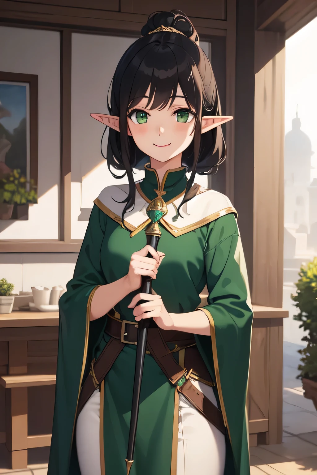 ((best quality)), ((masterpiece)), (detailed), perfect face, Elf girl, covered in green magical clothing, black hair tied back, green eyes, looking at a smile, holding a long magic wand, clumsy, shy, cute, standing looking at a smile, standing position in a mission guild