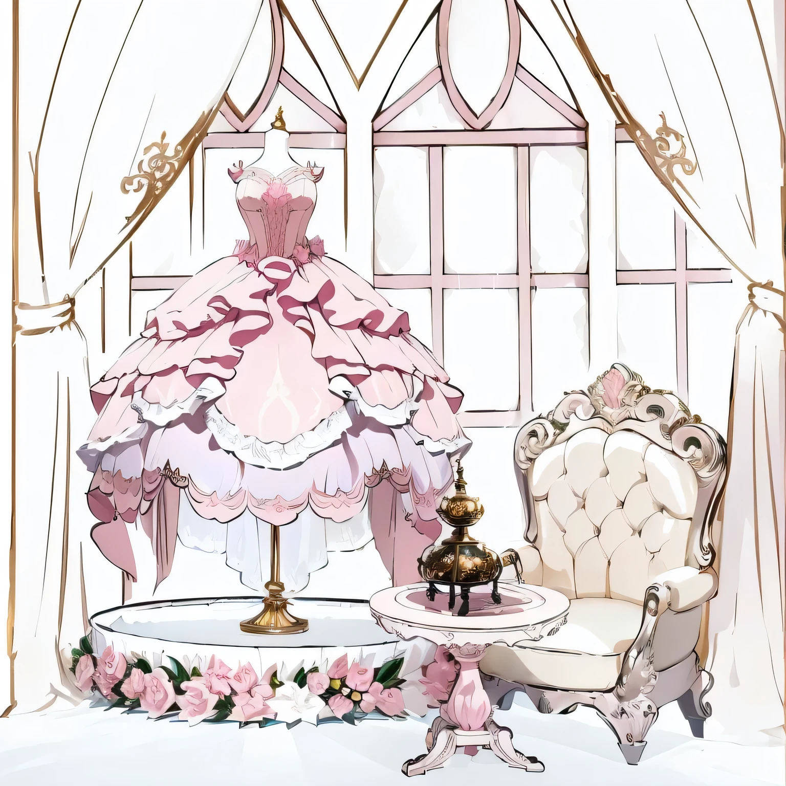Pink dress anime style, Fairy tale style background, Magic style, Rococo, ballroom background, Lolich, Crystal House, Rococo dress, , Luluya Workshop, Interior Background Art, Official illustrations, More refined, more detailed, many cute details, only the clothes are displayed, the colors are gorgeous