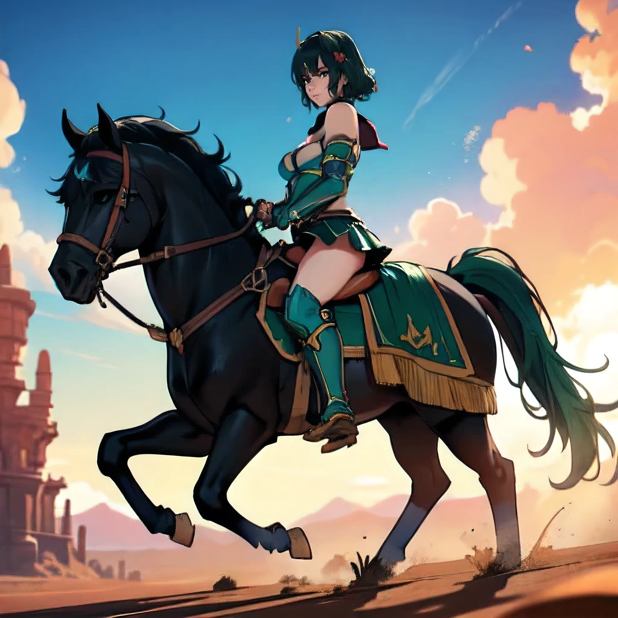 ((best quality)), ((anime masterpiece)), (detailed), cinematic lighting, vivid color, 8k, perfect face, medium breast, a female knight riding a walking black horse on desert, (medium hair, hair, above shoulder,{green hair}, green armor, blue miniskirt, blue boots, sweating face), (black horse {black hair}, saddle, stirups, reins: 1.5)++, heat, scenery, from side: 1.5, perfect anatomically: 1.2,