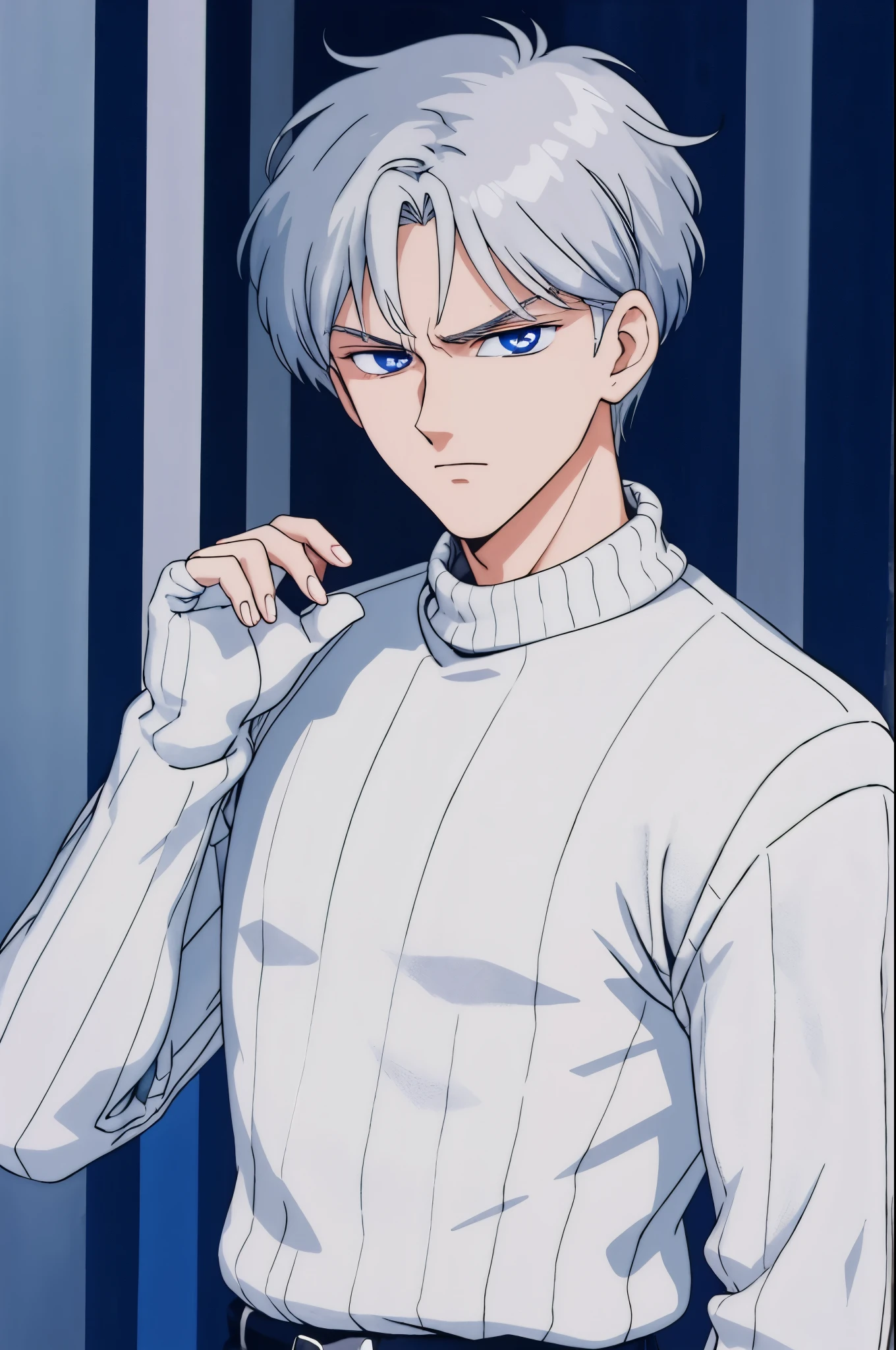 Boy, silver hair, blue eyes, serious sharp features, white skin, handsome, sweater