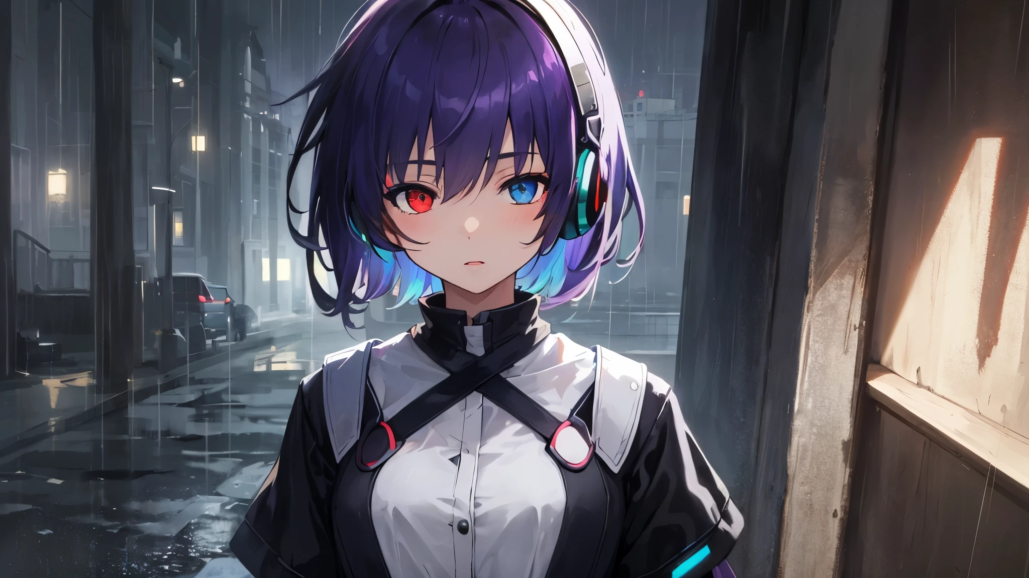 (masterpiece, highest quality, Very detailed, Best Shadow), (Beautifully detailed face), High Contrast,1girl,only,short hair,purple hair,heterochromia(red eyes,blue eyes),Upper Eye,The clothes are mainly black,High exposure,whole body,Wear headphones,Night Rain