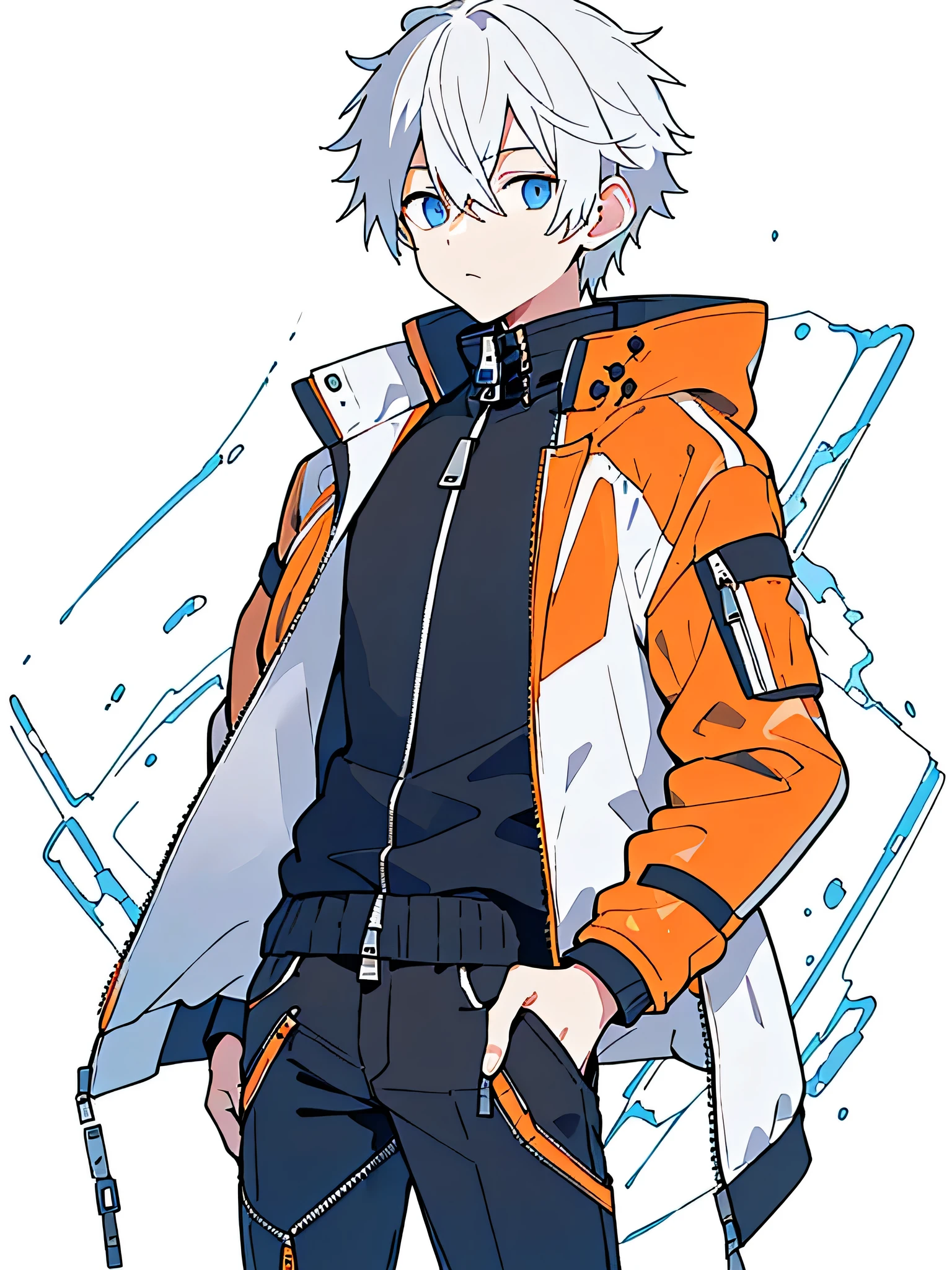 1boy, solo, blue eyes, (detailed eyes), white hair, hair between eyes, (waterproof jacket), large jacket, ((orange jacket)), black shirt, pants, (gray pants), standing, (((open zipper jacket))), upper body, (white background), Transparent background, looking at viewe, ((masterpiece, illustration, best quality))
