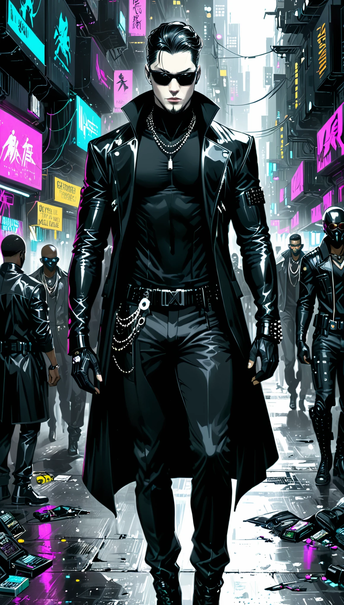 artist by Megan Hess,in style of Jae Lee,Black market in the back streets of a cyberpunk metropolis，Many black traders followed，Man in black，Many people