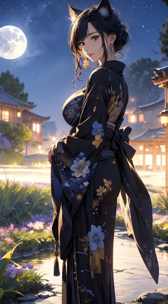 masterpiece, high quality, 4K, Beautiful design, Back view,silhouette, 非常に詳細な夜のStarry Sky,Flower Field, wonderful, Finer details, Very knowledgeable woman, Highly detailed solo, 1 female,Cat ear,Big Breasts,kimono,Night view,Starry Sky,full moon,
