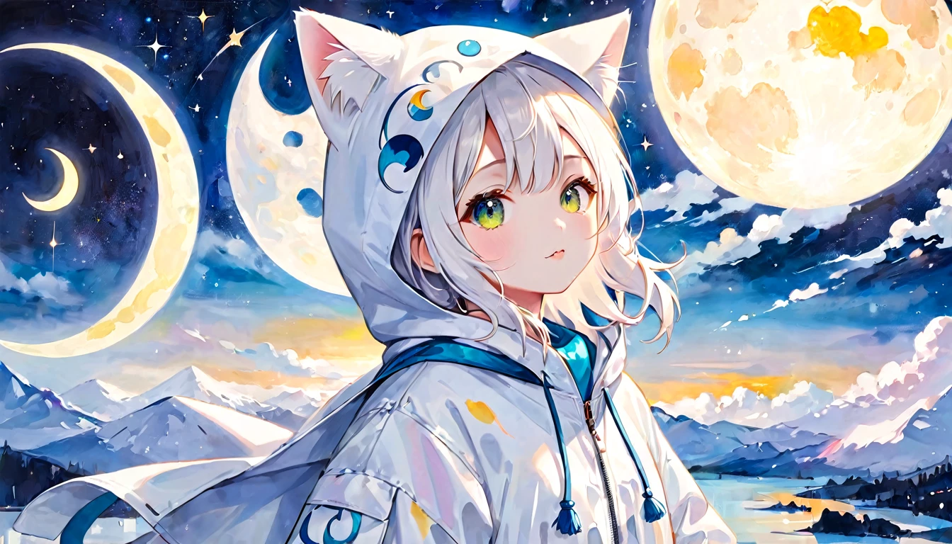 Moon and sun、Abstract Painting、Cat ear、White hooded parka、Girl、Captivating look