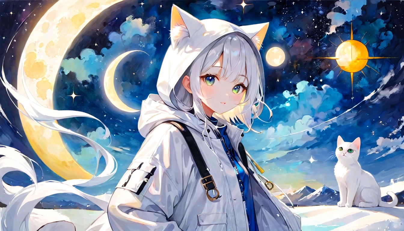 Moon and sun、Abstract Painting、Cat ear、White hooded parka、Girl、Captivating look