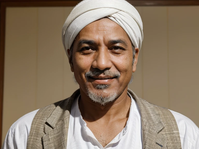 ((High-quality work)), a 55 years old muslim man, wears white turban, he is smiling when delivers lecturer in front of his muslim Students, his face resembles to Indonesian singer Rhoma Irama