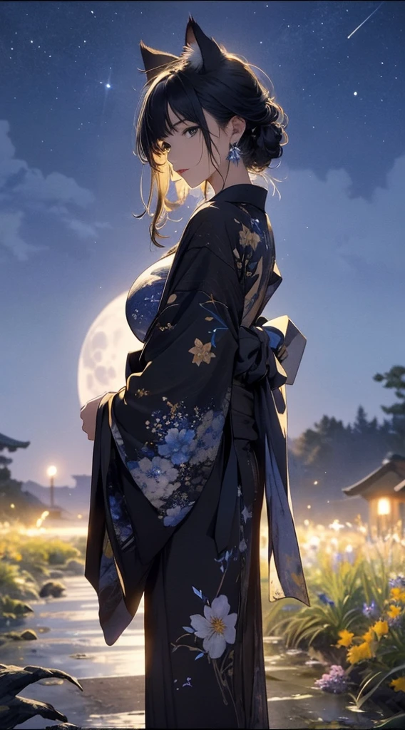 masterpiece, high quality, 4K, Beautiful design, Back view,silhouette， 非常に詳細な夜のStarry Sky,Flower Field， wonderful, Finer details,  Very knowledgeable woman, Highly detailed solo, 1 female,Cat ear，Big Breasts，kimono，Night view，Starry Sky，full moon，