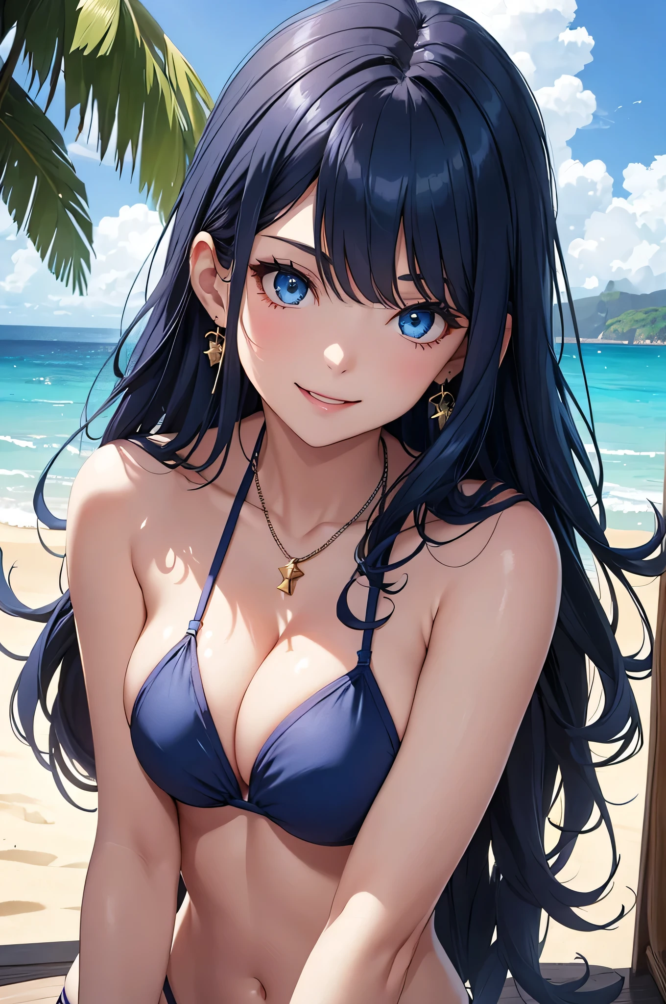 beautiful girl,Long dark blue hair ,blue eyes,Navy Blue Bikini、Big cleavage、(Big Breasts)、smile、blue necklace、Blue Earrings、background(Beach)、Sexy pose、Open your mouth wide