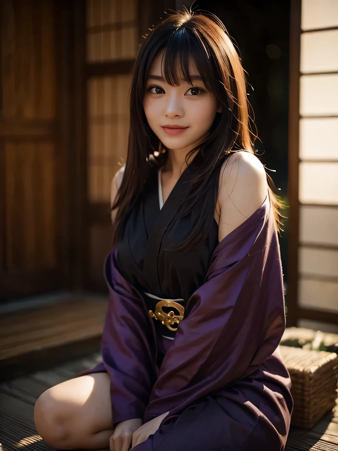 Black ninja costume, Japanese Clothing, Sitting with legs crossed, Holding a small sword, looking at the camera, Beautiful Japanese Women, Smiling face, Medium Hair,
