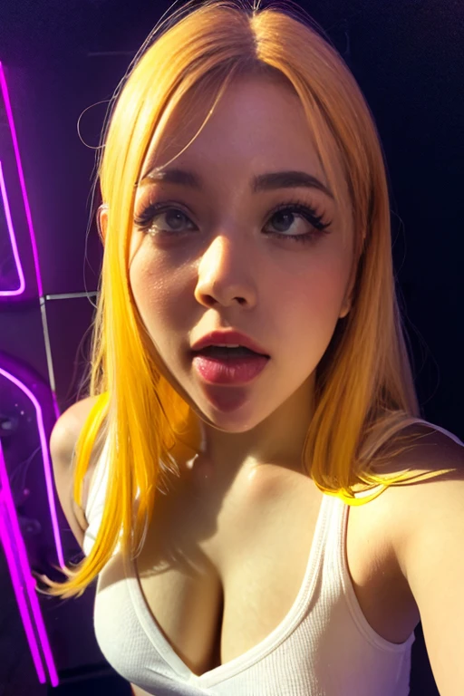 (ultra realistic),Photo, high quality, Analog Photography Ahegao , (low lighting), (neon atmosphere) light background ,portrait of a girl, Ahegao, blonde,chölka, view from above, detailed eyes,