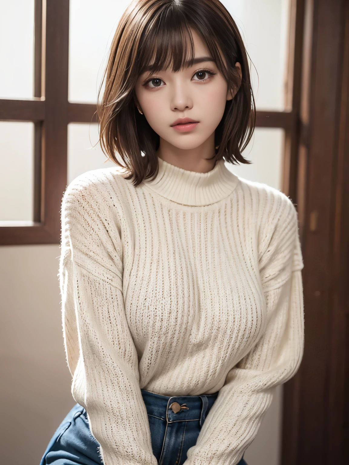 masterpiece, best quality, ultra-detailed, intricately detailed hyperdetailed, realistic, sharp features, highly detailed, sharp focus, 19 years old, perfect face, perfect japamese idol, perfect symmetrically perfect eyes, perfect full lips, flexible female form, cinematic, film light, hyper detailed, hyper realistic, high resolution, vibrant, dynamic studio lighting, short hair, straight Bangs, brown Eyes, White sweater, cowboy shot,