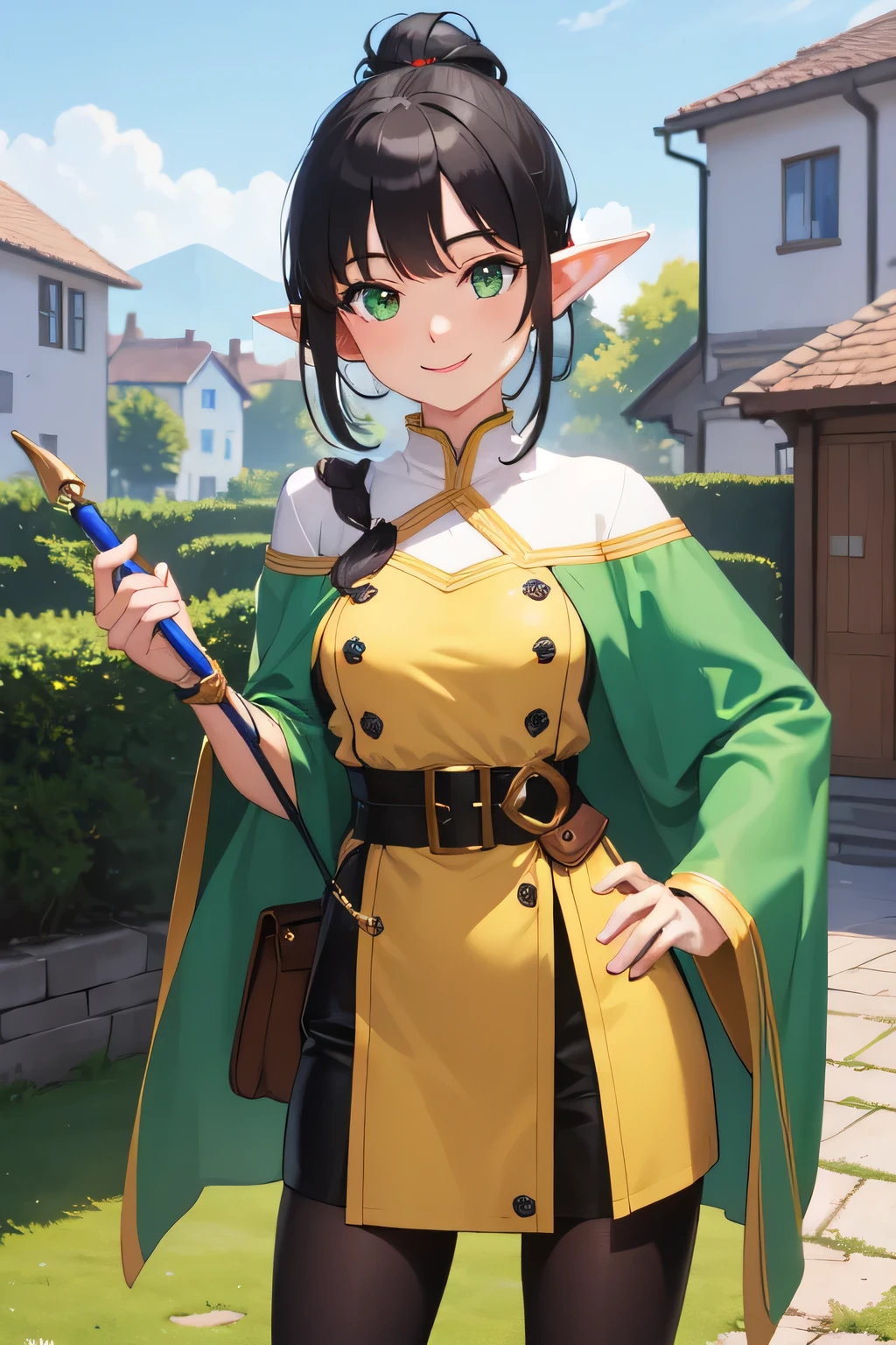((best quality)), ((masterpiece)), (detailed), perfect face, Elf girl, covered in green magical clothing, black hair tied back, green eyes, looking at a smile, holding a long magic wand, clumsy, shy, cute, standing looking at a smile, standing position in a village