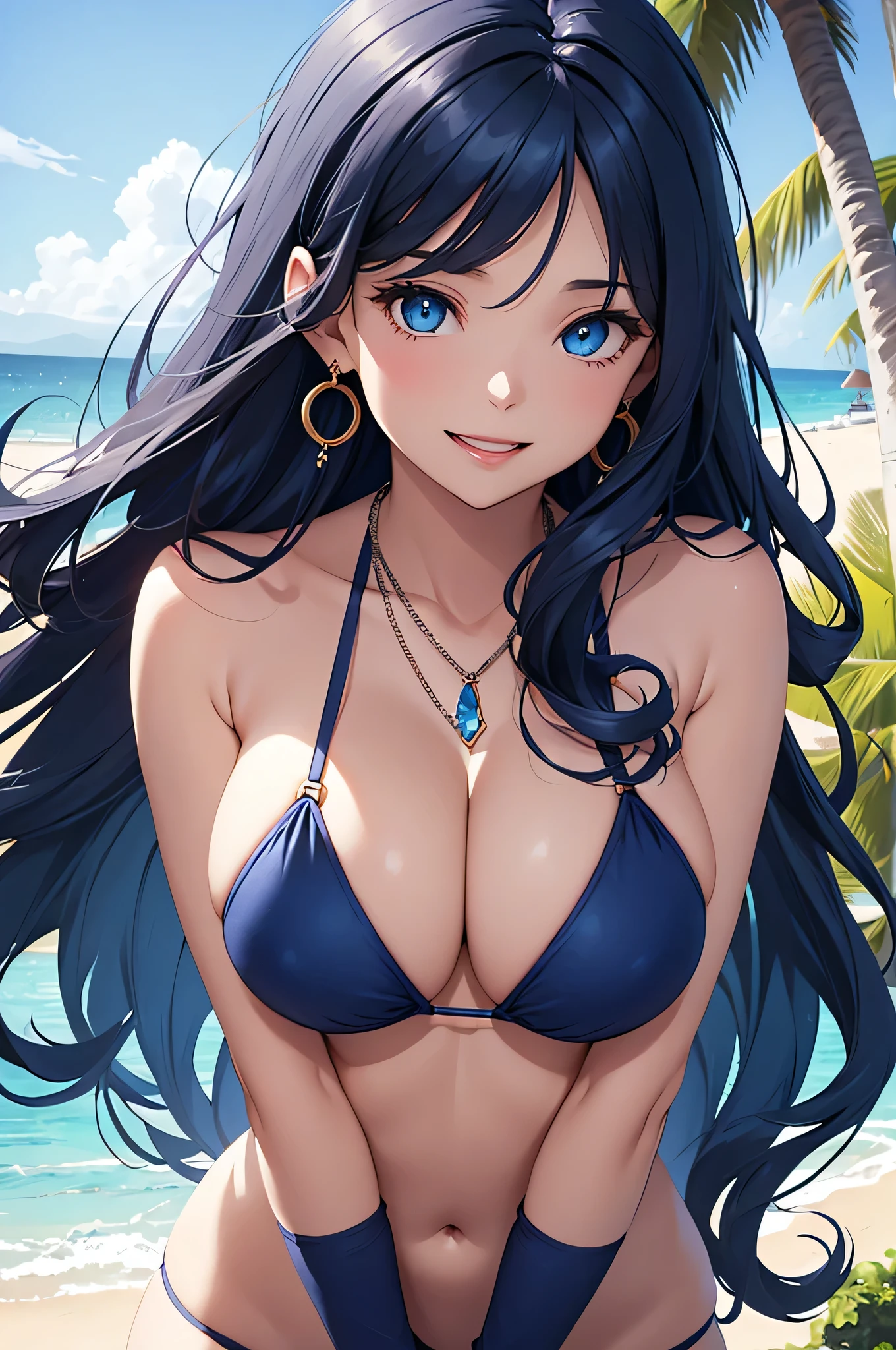 beautiful girl,Long dark blue hair ,blue eyes,Navy Blue Bikini、Big cleavage、(Big Breasts)、smile、blue necklace、Blue Earrings、background(Beach)、Sexy pose、Open your mouth wide