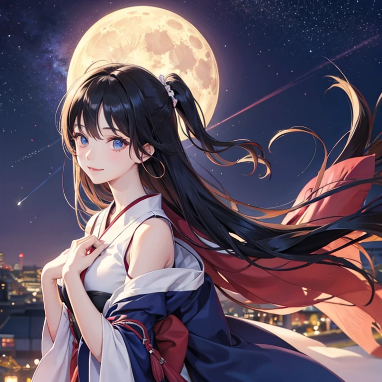 An anime-style beauty, around 20 years old, Japanese, with long black hair, vivid eyes that sparkle, a smiling face, set against a nighttime backdrop with a full moon and a beautiful starry sky.