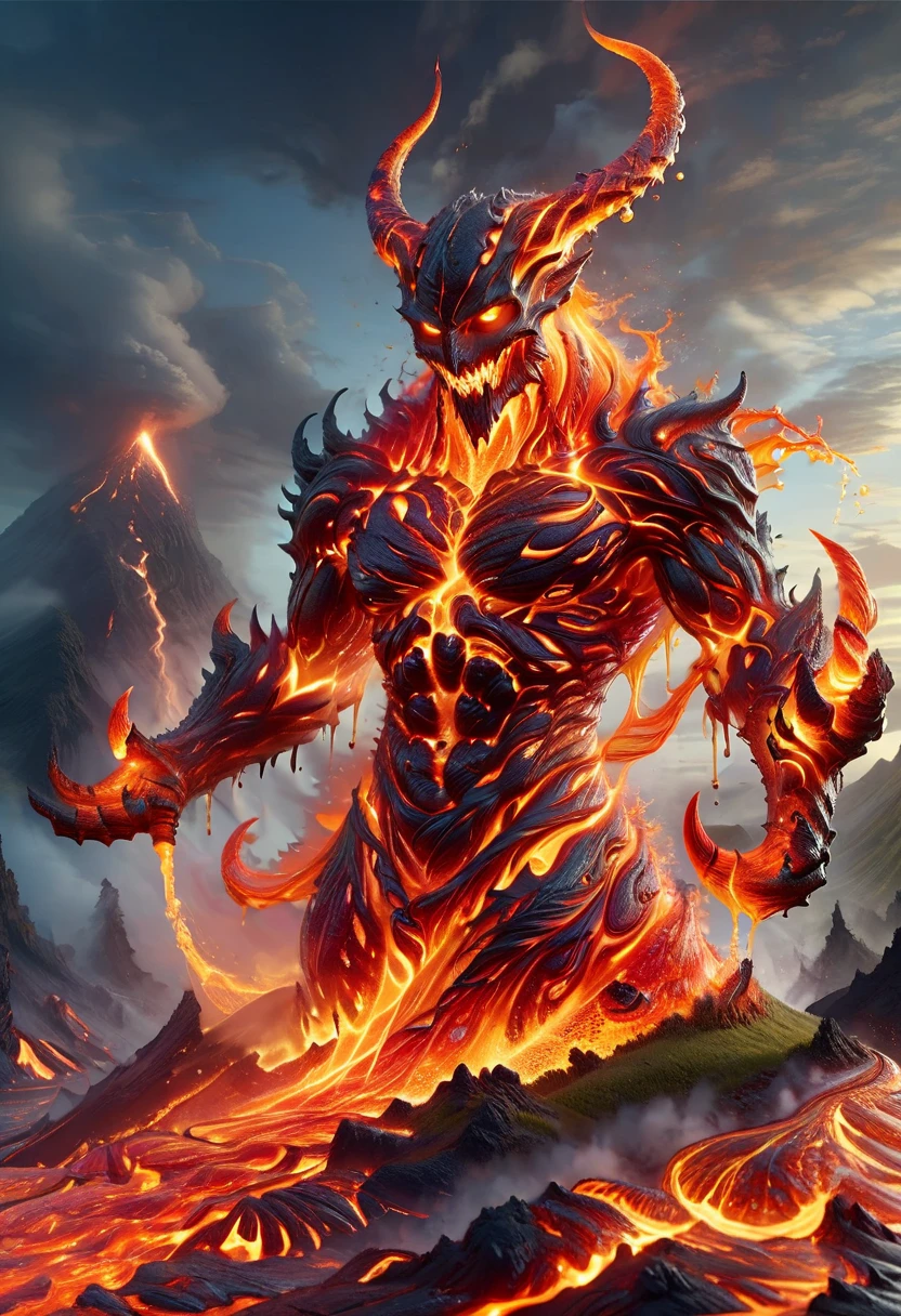 Lava Demon, ral-lava, LavaRay, Demon made entirely of lava, (best quality, highres, ultra-detailed:1.2), intense, fiery, and fearsome Lava Demon, glowing red eyes, sharp fangs and claws, towering over the landscape, surrounded by swirling magma, molten rivers flowing in the background, emitting a sinister glow, smoke billowing from its nostrils, an aura of pure heat and destruction, devilish horns adorned with lava drips, an otherworldly entity emerging from the depths of the Earth's core, surreal and menacing, in the style of dark fantasy art, with vibrant colors and high contrast, cast in a hellish color palette.