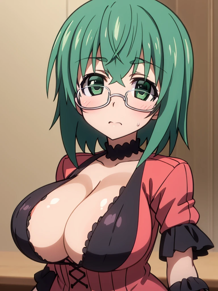 1girl, masterpiece, best quality, highres, high quality, NFSW, maya yamada, short hair, (green eyes:1.3), green hair, glasses, semi-rimless eyewear, under-rim eyewear, tre anatomically correct, perfect body, tight thight, curvy, huge breasts, massive breasts, saggy breasts, Pretty face, perfect face, (full nude, naked, nude), Reddening cheeks, ((Lewd)), heart-shaped pupil, wet ski, (((excessive cum, cum on face, cum on body, Sexually suggestive liquid, sperm, cum in pussy))), , girl on top, straddling, leaning backward, cowgirl position, astride, thrusting, sex carrying, sex lift pose, cowgirl lift sex position, cowgirl sex, cowgirl sex position, ahegao, Bed room