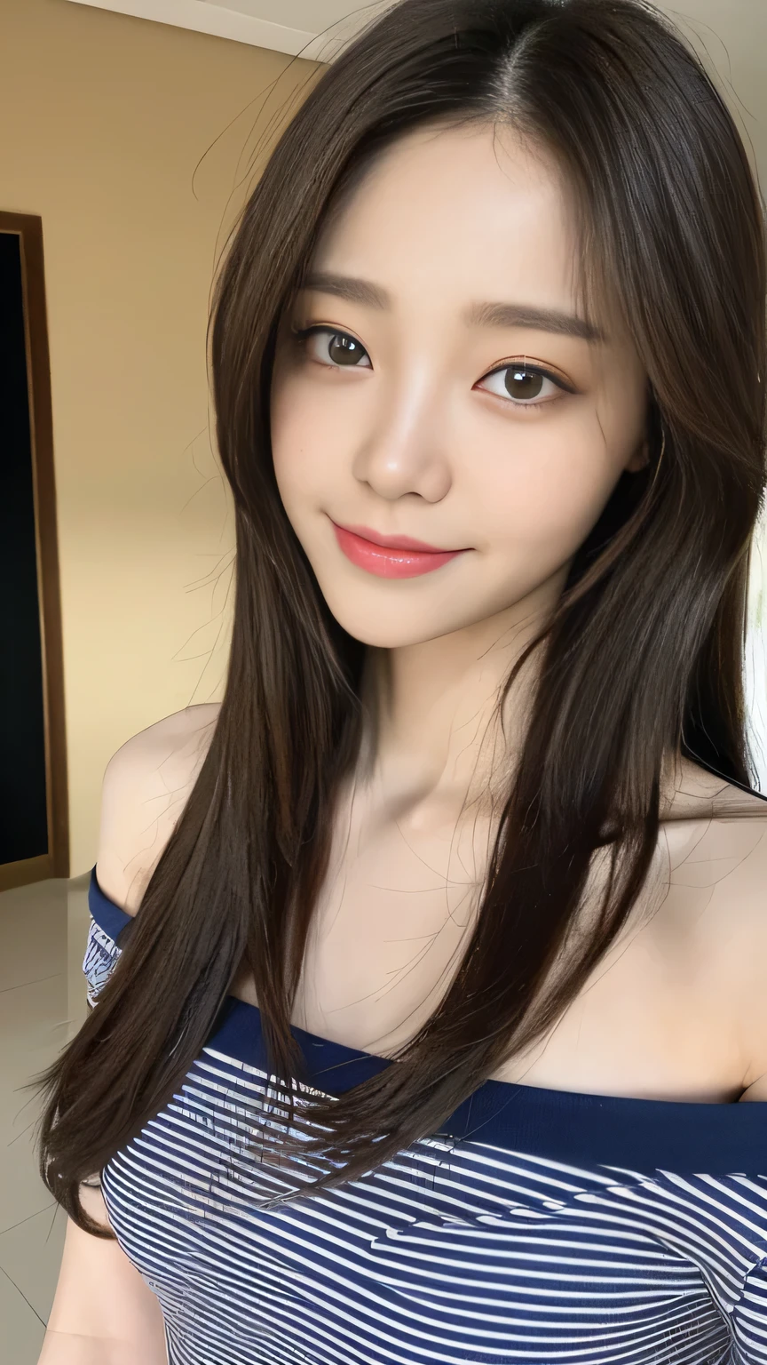 Full body angle、((highest quality, 8K, masterpiece:1.3)), concentrated:1.2, Perfect body beauty:1.4, Hips:1.2, ((Delicate Hair)), (Colorful striped off-shoulder t-shirt、 :1.1) , ((highest quality、8K、masterpiece:1.3))、1 Girl、A sloppy smile、Esbian all over、Slim face、Big 、Beautiful woman、(Dark Brown Hair)、Long Hair、1.1、Flickering Valley、Detailed eyes、double eyelid、Blurred Background、超Slim face、Looking down、