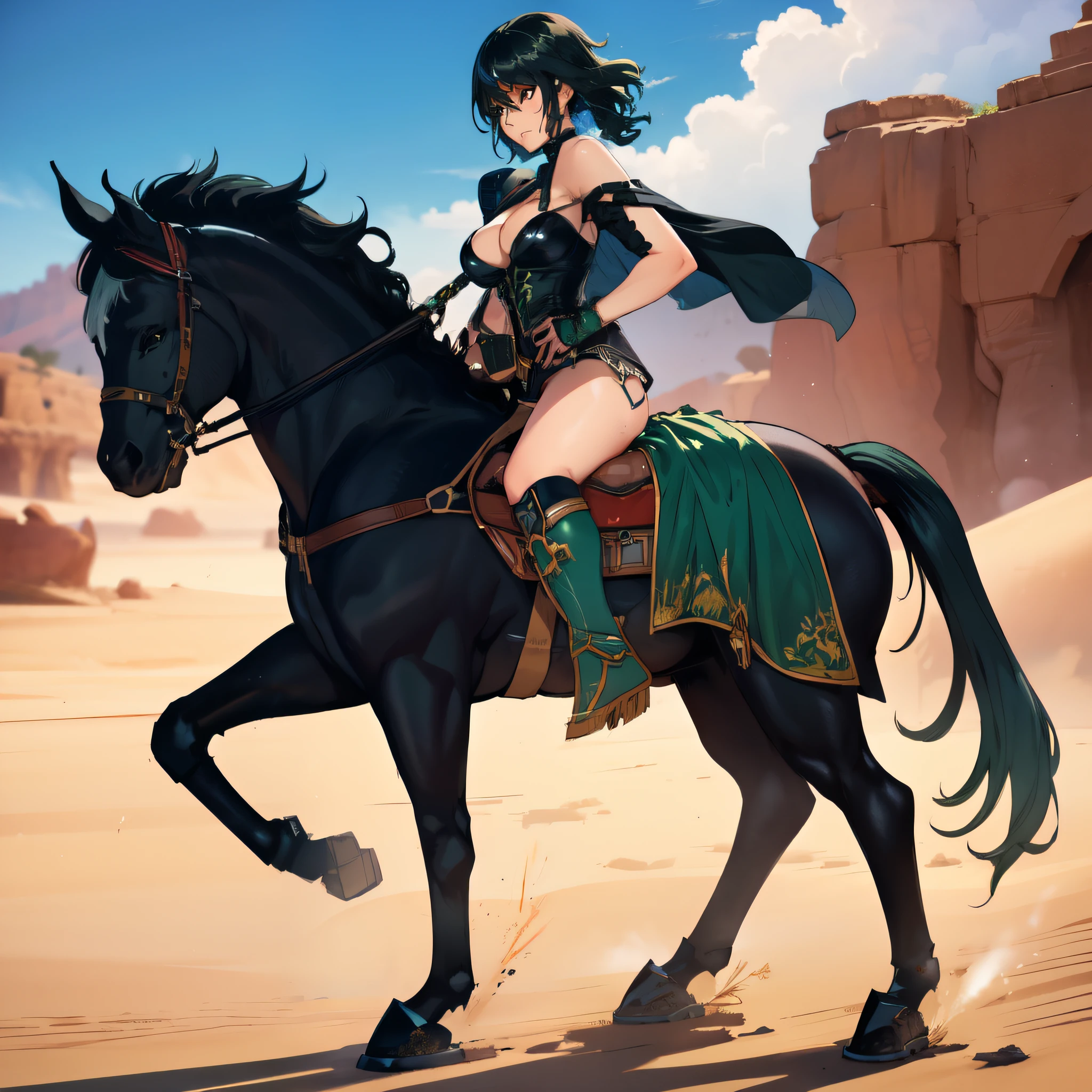 ((best quality)), ((anime masterpiece)), (detailed), cinematic lighting, vivid color, 8k, perfect face, medium , a female knight riding a walking black horse on desert, (medium hair, hair, above shoulder,{green hair}, green armor, blue miniskirt, blue boots, sweating face), (black horse {black hair}, saddle, stirups, reins: 1.5)++, heat, scenery, from side: 1.5, perfect anatomically: 1.2,