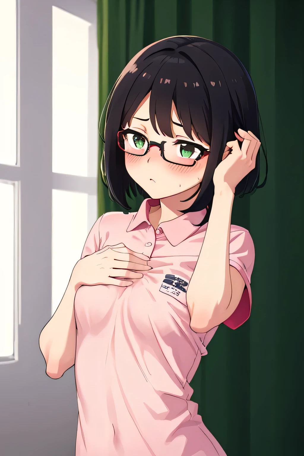 In town,Small breasts that can be rolled up,Black Hair,short hair,Green Eye Glasses,(Pink polo shirt, Short sleeve, naked), (High resolution, high quality:1.1), Intricate details, 1 girl,(blush,Embarrassing)There are a lot of people around