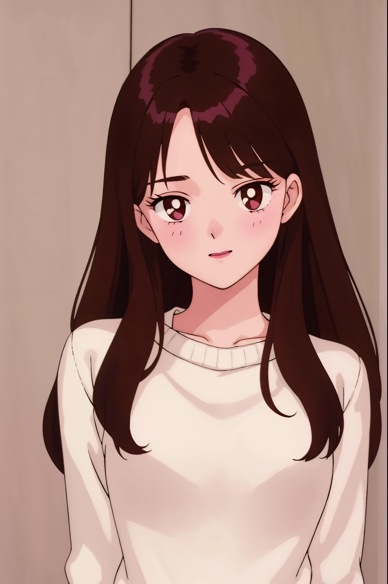 Girl, long brown hair, brown eyes, sharp features, white skin, pink lips, sweater
