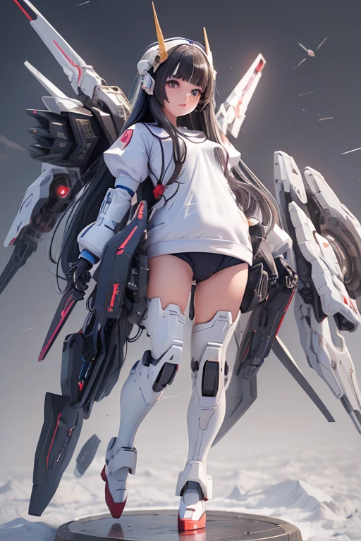 (highest quality)), ((masterpiece)), (Very detailed: 1.3), 3D, {(One Girl)}, (Navy blue bloomers and、Wear a white gym suit with colored hems underneath the armor:1.3), (Black Hair:1.5), (She is fused with a Gundam mecha from the future.:1.4), With headgear, With V-fin , Armored Shoulders,Armed, Armor under the feet, Short sleeve, Equipped with two huge weapons on its back, Weapon module mounted on the leg, Camel Toe, Multi-layer texture perfect ratio, Octane Rendering, Duotone Lighting, Low ISO, wide aperture, White balance, Three-part method, Ultra HD 16k, High resolution (High Dynamic Range), Ray Tracing, NVIDIA, Super Resolution, Scattered beneath the surface, PBR Texturing, Post-processing, Anisotropic Filtering, Depth of written boundary, Maximum clarity and sharpness, Highly efficient subpixels, Subpixel Convolution, Particles of light, Scattered Light, Tyndall effect, whole body:1.5, (Table Top Pose:1,2), , cute, (cute:1.2), (Long Hair:1.3),Thick eyebrows, Light-colored irises, Big, bright black eyes, Long eyelashes, Small, light-colored, natural lips, (The average face of the Japan idol), (日本人特有のBaby Face:1.3), (Baby Face), Wide forehead:1.2, Plump Cheeks, Small jaw, In the Hangar,View your viewers,Focus on the eyes , (Four perfect fingers, One thumb),