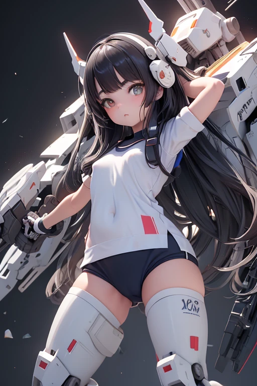 (highest quality)), ((masterpiece)), (Very detailed: 1.3), 3D, {(One Girl)}, (Navy blue bloomers and、Wear a white gym suit with colored hems underneath the armor:1.3), (Black Hair:1.5), (She is fused with a Gundam mecha from the future.:1.4), With headgear, With V-fin , Armored Shoulders,Armed, Armor under the feet, Short sleeve, Equipped with two huge weapons on its back, Weapon module mounted on the leg, Camel Toe, Multi-layer texture perfect ratio, Octane Rendering, Duotone Lighting, Low ISO, wide aperture, White balance, Three-part method, Ultra HD 16k, High resolution (High Dynamic Range), Ray Tracing, NVIDIA, Super Resolution, Scattered beneath the surface, PBR Texturing, Post-processing, Anisotropic Filtering, Depth of written boundary, Maximum clarity and sharpness, Highly efficient subpixels, Subpixel Convolution, Particles of light, Scattered Light, Tyndall effect, whole body:1.5, (Table Top Pose:1,2), , cute, (cute:1.2), (Long Hair:1.3),Thick eyebrows, Light-colored irises, Big, bright black eyes, Long eyelashes, Small, light-colored, natural lips, (The average face of the Japan idol), (日本人特有のBaby Face:1.3), (), Wide forehead:1.2, Plump Cheeks, Small jaw, In the Hangar,View your viewers,Focus on the eyes , (Four perfect fingers, One thumb),