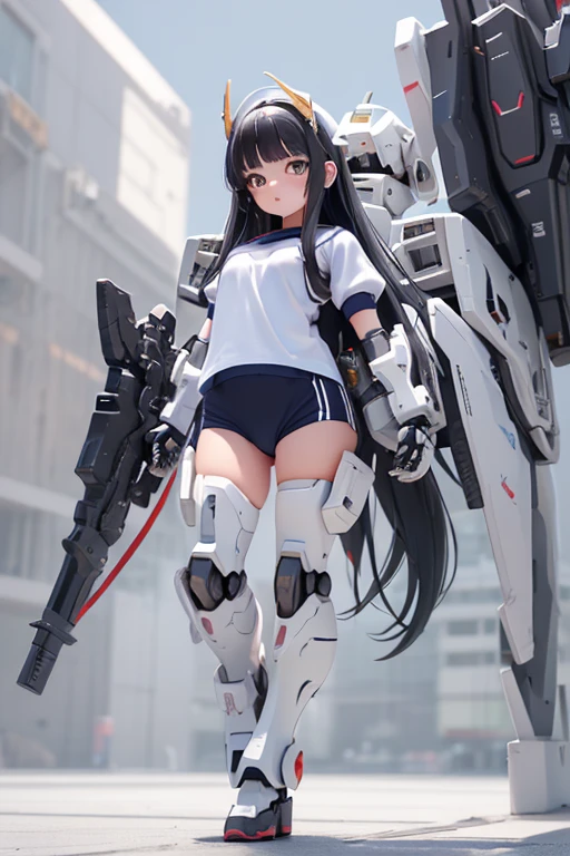 (highest quality)), ((masterpiece)), (Very detailed: 1.3), 3D, {(One Girl)}, (Navy blue bloomers and、Wear a white gym suit with colored hems underneath the armor:1.3), (Black Hair:1.5), (She is fused with a Gundam mecha from the future.:1.4), With headgear, With V-fin , Armored Shoulders,Armed, Armor under the feet, Short sleeve, Equipped with two huge weapons on its back, Weapon module mounted on the leg, Camel Toe,  Multi-layer texture perfect ratio, Octane Rendering, Duotone Lighting, Low ISO, wide aperture, White balance, Three-part method, Ultra HD 16k, High resolution (High Dynamic Range), Ray Tracing, NVIDIA, Super Resolution, Scattered beneath the surface, PBR Texturing, Post-processing, Anisotropic Filtering, Depth of written boundary, Maximum clarity and sharpness, Highly efficient subpixels, Subpixel Convolution, Particles of light, Scattered Light, Tyndall effect, whole body:1.5, (Table Top Pose:1,2), , cute, (cute:1.2), (Long Hair:1.3),Thick eyebrows, Light-colored irises, Big, bright black eyes, Long eyelashes, Small, light-colored, natural lips, (The average face of the Japan idol), (日本人特有のBaby Face:1.3), (Baby Face), Wide forehead:1.2, Plump Cheeks, Small jaw, In the Hangar,View your viewers,Focus on the eyes , (Four perfect fingers, One thumb),