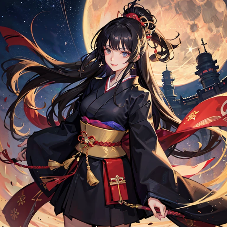 An anime-style beauty, around 20 years old, Japanese, with long black hair, vivid eyes that sparkle, a smiling face, set against a nighttime backdrop with a full moon and a beautiful starry sky.