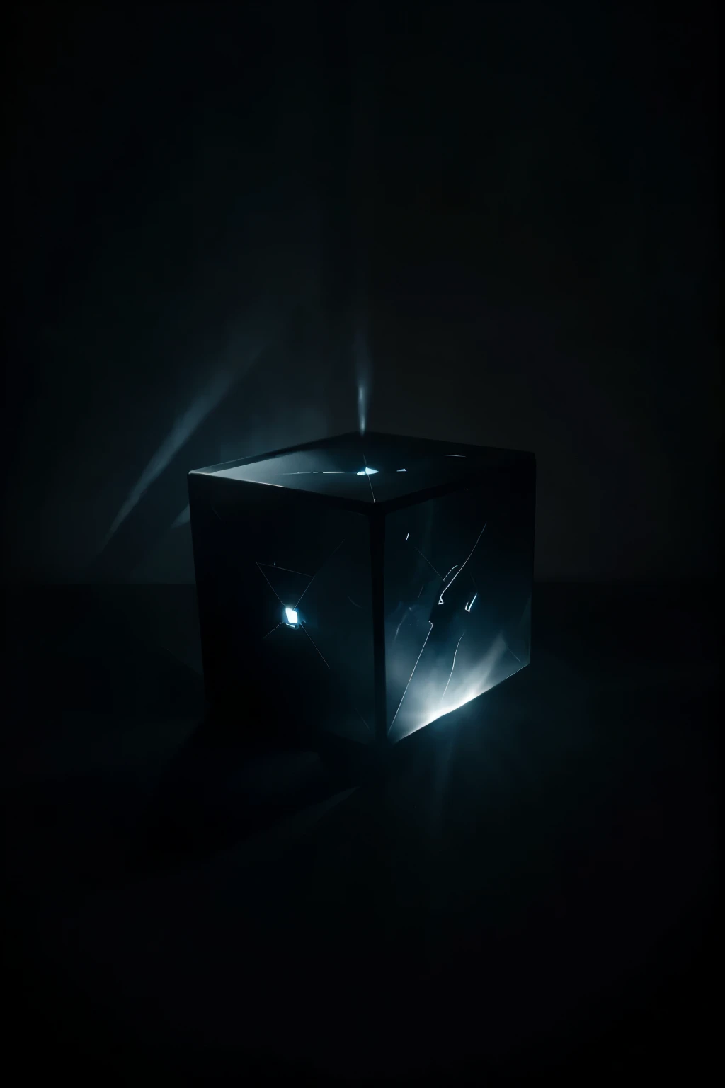The character exudes an aura of darkness, with their form obscured by a cloak that seems to meld into the shadows, wisps of black smoke swirling around them. Their presence invokes a sense of foreboding, as if they are a harbinger of unseen mysteries. In their hand, they grasp a perfectly symmetrical four-sided cube, its surface so dark it appears to consume the very essence of light around it. Despite its simplicity in shape, the cube emanates an unsettling energy, hinting at untold secrets and unfathomable depths