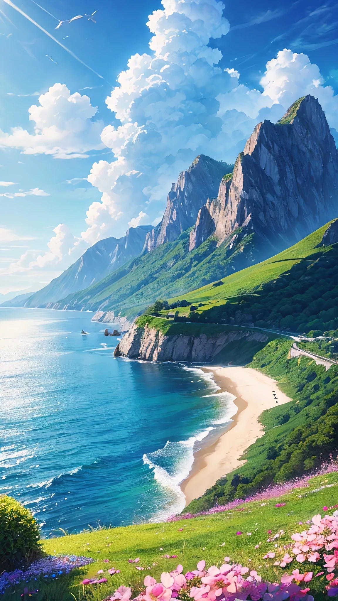 Big beautiful mountain with green grass and the sky is full of clouds lots of clouds and the ocean with a full of waves the spring flowers are flying in aur