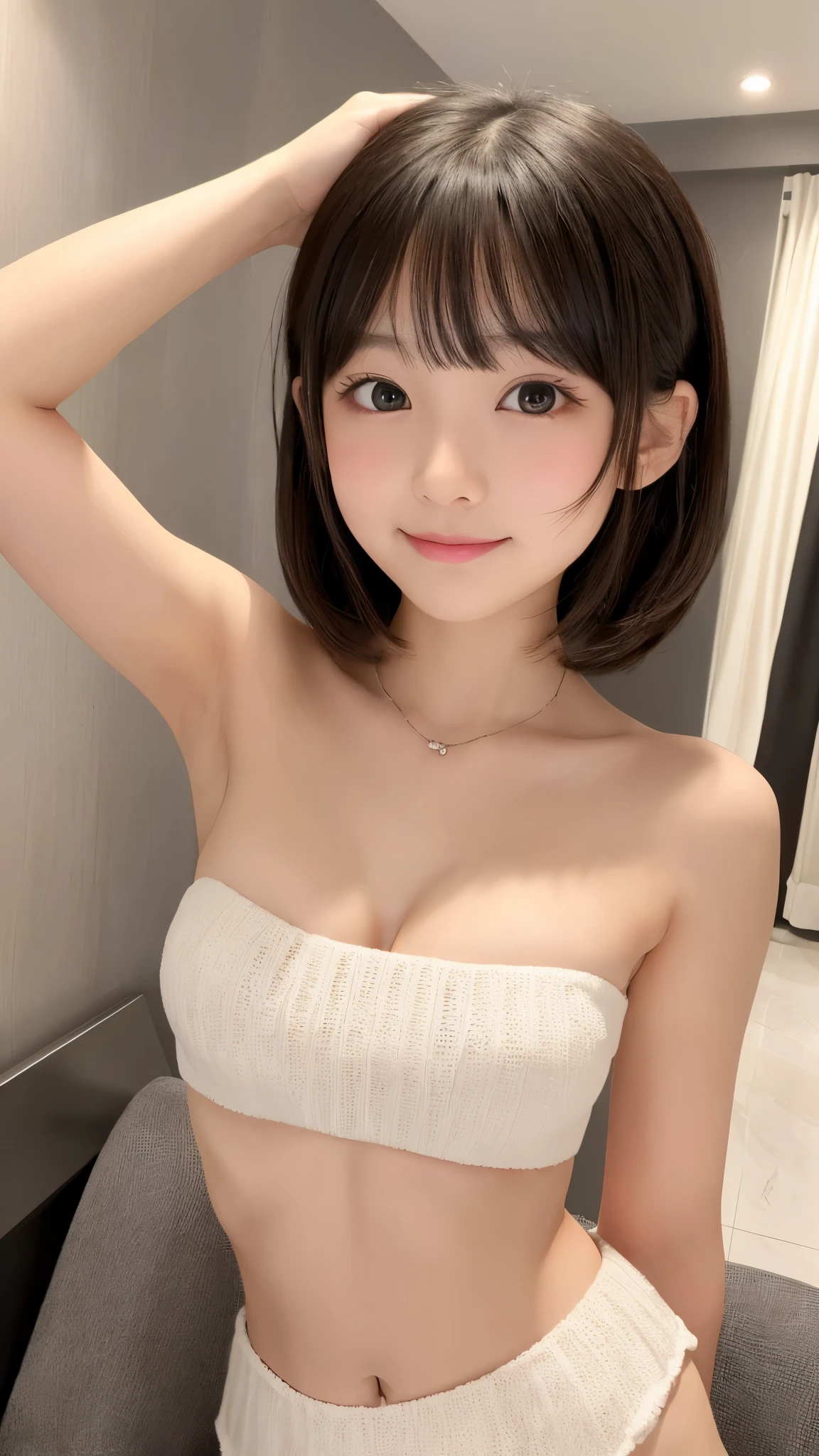 Close-up photo of a woman、The most beautiful Japan girls、(の少女:1.5)、(6 years olddouble eyelid、Droopy eyes、Fine grain、Beautiful Eyes、Cute eyes、bangs、Black Hair、short hair、(White knitted tube top: 1.2)、Super cute idol face、(younger sister:1.0)、(Upper body only:1.5)、thin、Small shoulders、thin腕、Flat stomach、thin、(belly button、おbelly button)、Waistline、Small Ass、(Groin muscles:1.0)、(Slim figure)、(Flat Chest:1.0)、Beautiful breasts、Cleavage、Glowing Chest、(RAW Photos、highest quality、masterpiece、Super quality、Ultra-high resolution、Genuine:1.1)、(Hotel、Hotelの一室、ラブHotel)