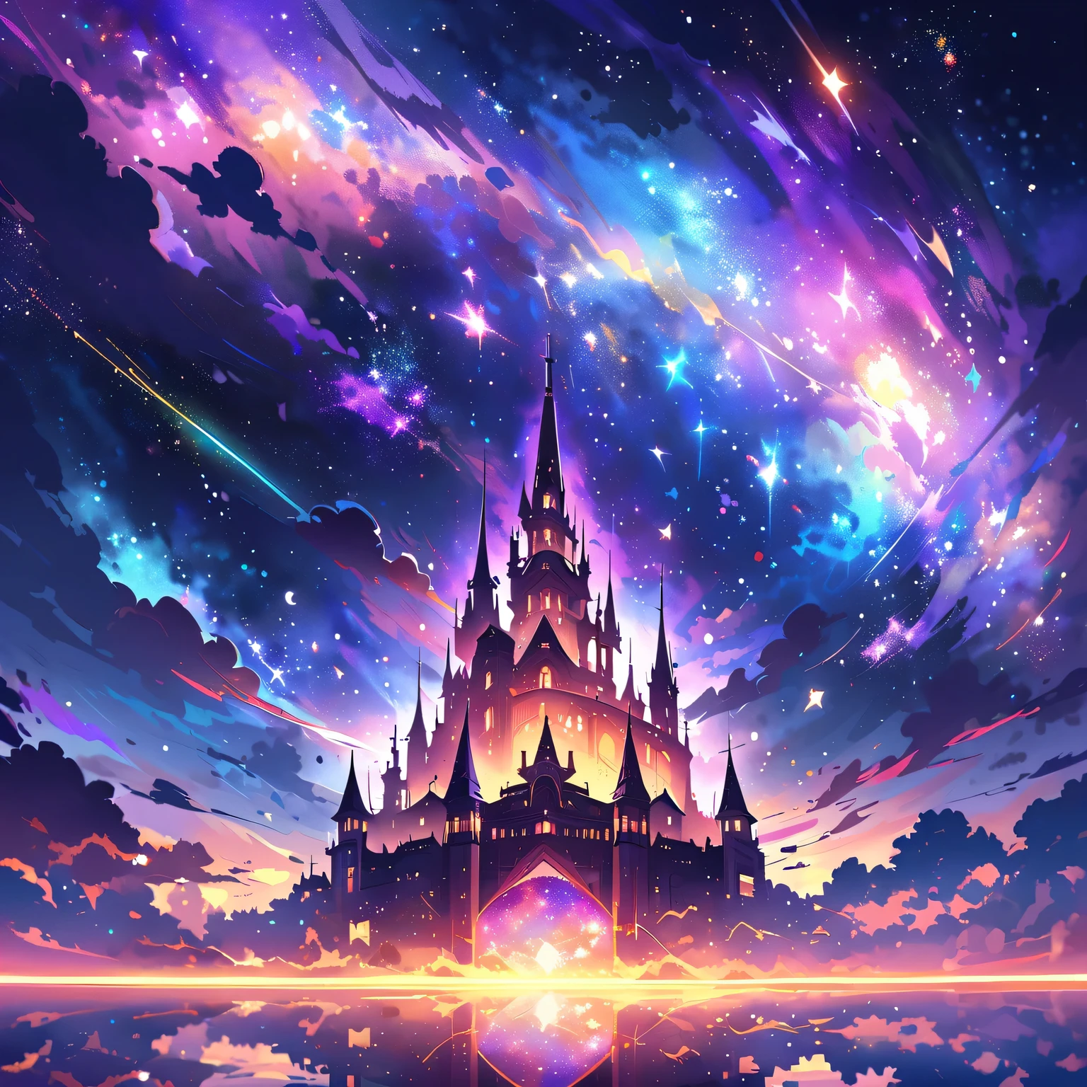 purple nebula in the shape of a castle,galaxy painting,cosmic elements,star clusters,nebula clouds,starry sky,glimmering lights,vibrant colors,dark and mysterious,ethereal atmosphere,moonlit shadows,luminous glow