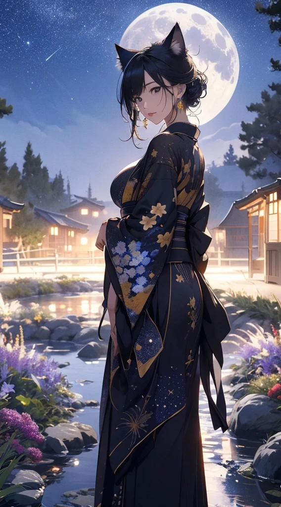 masterpiece, high quality, 4K, Beautiful design, Back view,silhouette， 非常に詳細な夜のStarry Sky,Flower Field， wonderful, Finer details,  Very knowledgeable woman, Highly detailed solo, 1 female,Cat ear，Big Breasts，kimono，Night view，Starry Sky，full moon，