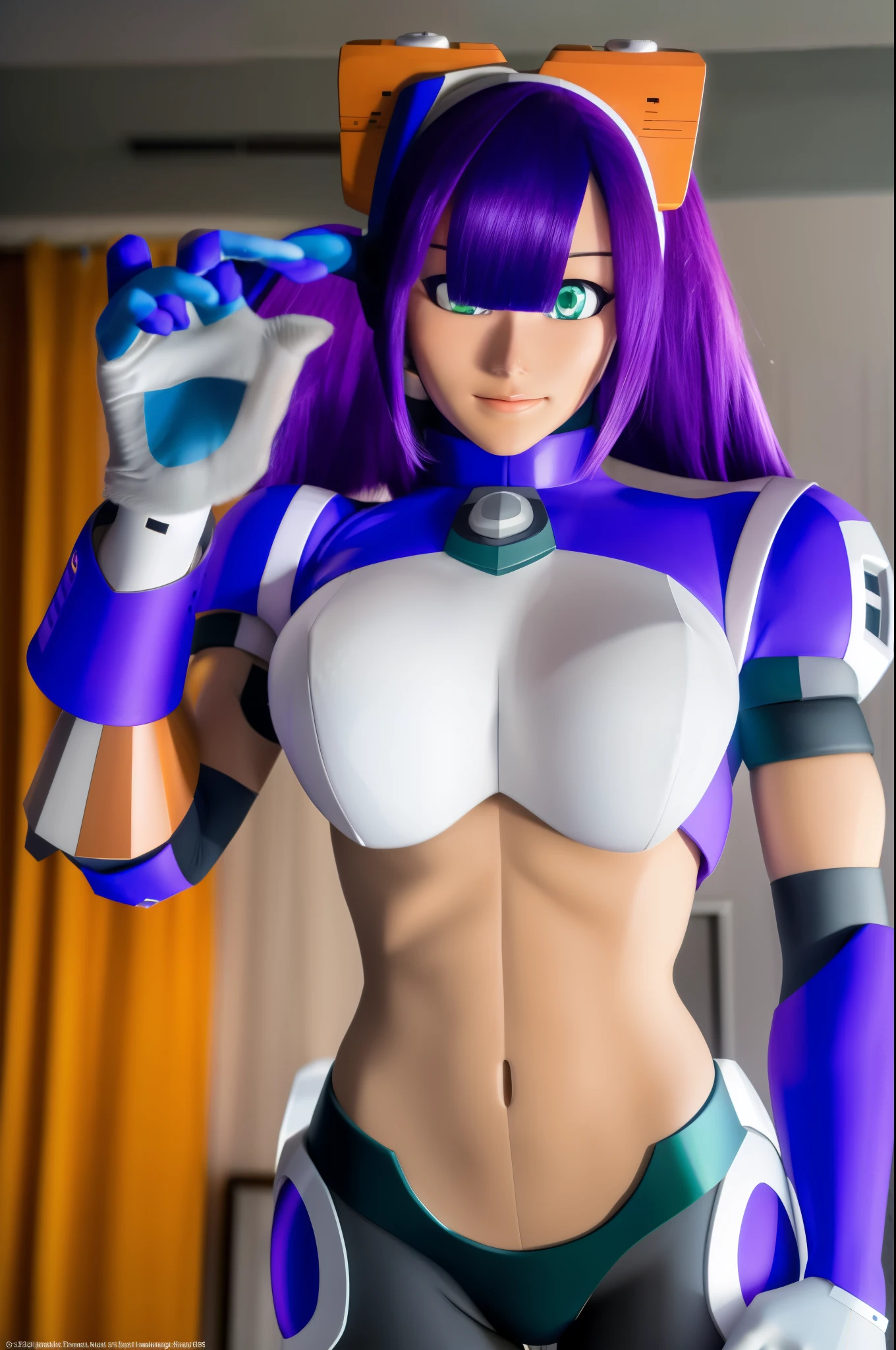 ultra detailed of a woman cyborg, 1girl, photorealistic, (natural skin texture, realistic eye details:1.2) layer_mega manx, alone, breasts, underboob, green eyes, purple hair, Android, long hair, bangs over eyes, robot ears, artwork, tan skin, high quality, hypnotized, spiral eyes, blank stare, in the bedroom, standing at attention