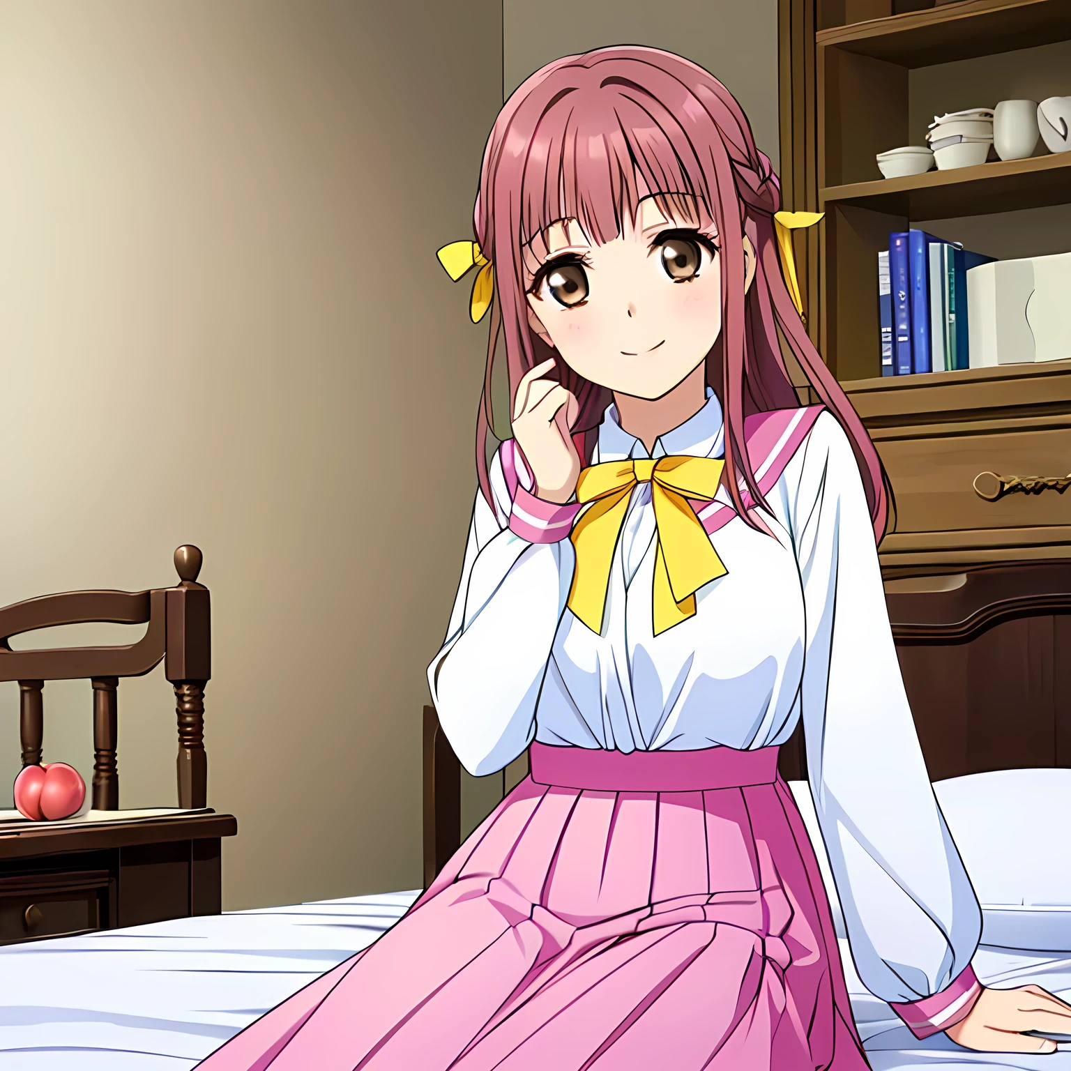 highest quality, (masterpiece:1.2), Very detailed, ((Very beautiful woman１A person is sitting on a bed, smiling sweetly and seductively, trying to please the viewer)), ((16 years old)), (((Beautiful long, very shiny peach-colored hair))), She has a big yellow ribbon in her hair., ((Pink sailor suit)), ((Pink pleated long skirt)), silk light pink blouse, puffed sleeves with ivory ribbon on sleeves, Smiling, ((((Very beautiful and bright brown eyes)))), ((Very long eyelashes)), laughing, Big yellow ribbon bowtie, ((An elegant and gentle expression like a noble princess)), ((Laughing with your mouth open)), ((The white light illuminates her face, her beautiful expression and her beautiful hair.)), slender, Very good posture