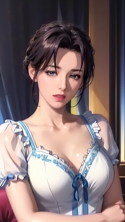 （（Awkward, blush, charming, Close your eyes, open mouth，Tongue，with tears in eyes, Saliva residue,The hem of the skirt is wet, Brushed,）Large Breasts、Low-cut，Cleavage, Wide hips,）The Last Vision, Ultra-high resolution,4K,Super detailed, photography, 8k, HDR, high resolution, absurd:1.2, Kodak Portrait 400, Film Grain, Blurred background, Bokeh:1.2, lens flare, (Energetic_color:1.2),专业photography师