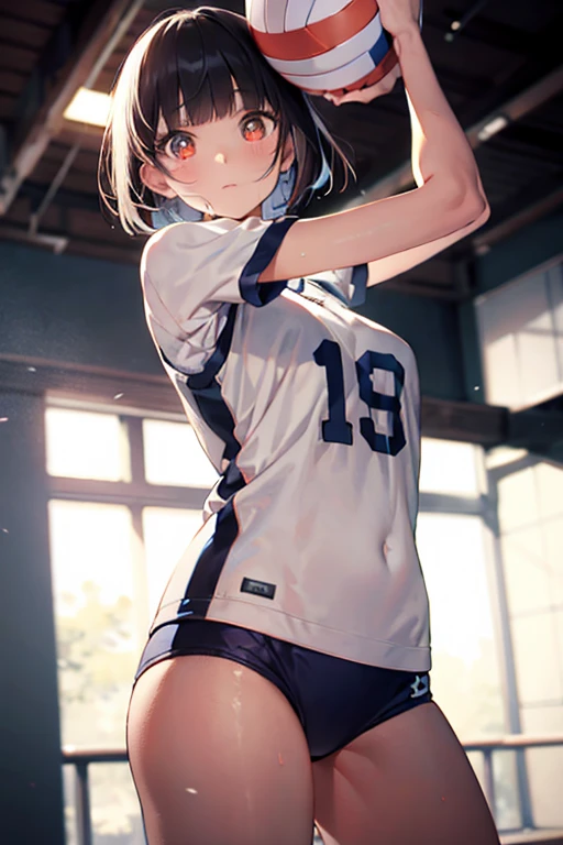 highest quality、In 8K、masterpiece、Hmph、超A high resolution、RAW Photos、(Photorealistic:1.3)、Natural soft light、(Depth of written boundary)、Slender、(whole body:1.2)、Side Shot、Detailed face and eyes、Realistic students、Sharp pupils、Inside the gym、(Dynamic action poses、play volleyball)、Beautiful Face、Beautiful 16 year old girl、Japanese doll girl、Glowing Skin、Bobcut、Beautiful black hair、Blunt bangs、Red Eye、(blush:0.7)、Sweat、Volleyball Uniforms、(Thighs Thighs Thighs Thighs:0.8)、