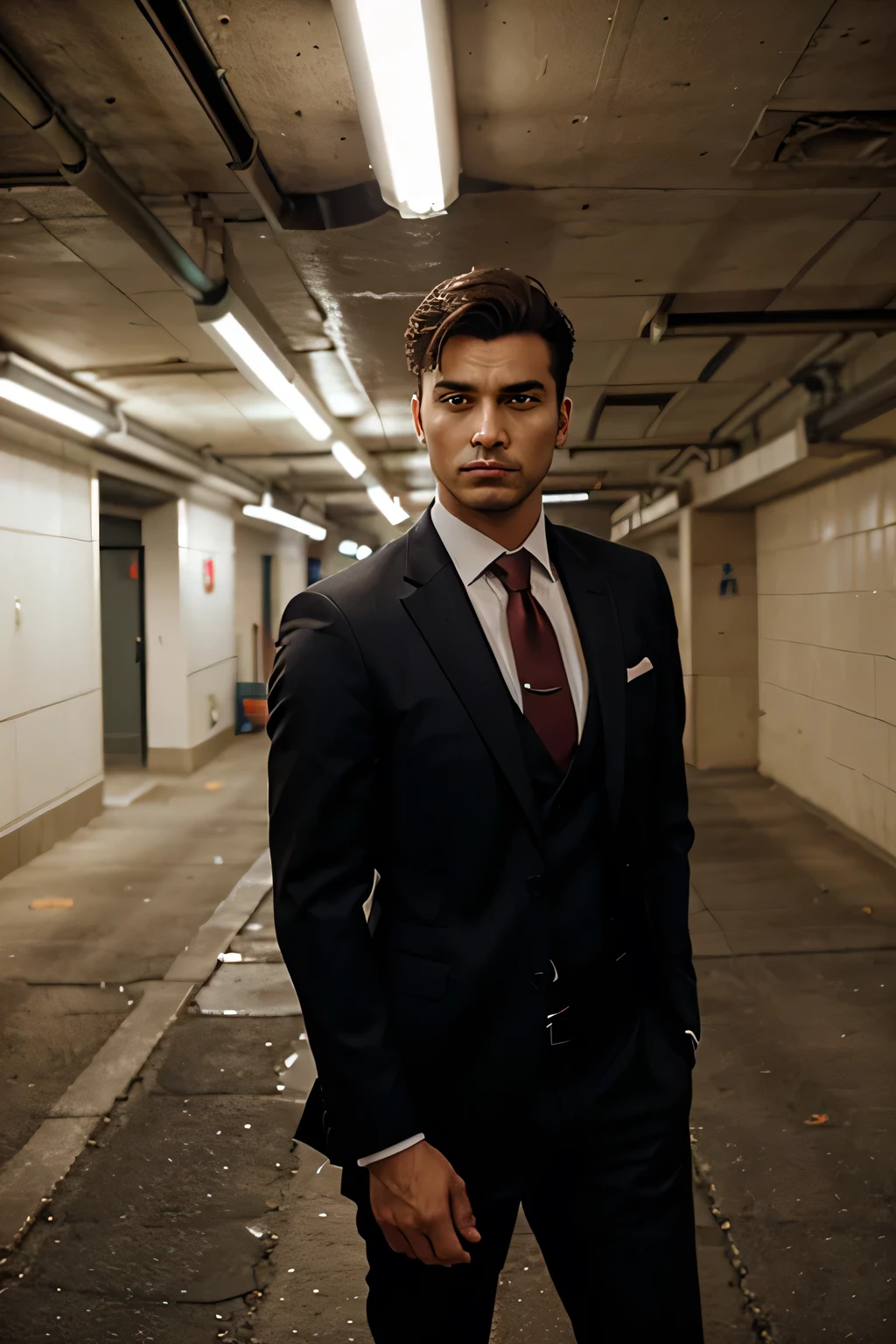 erects an image of a man in a suit in an underground parking lot