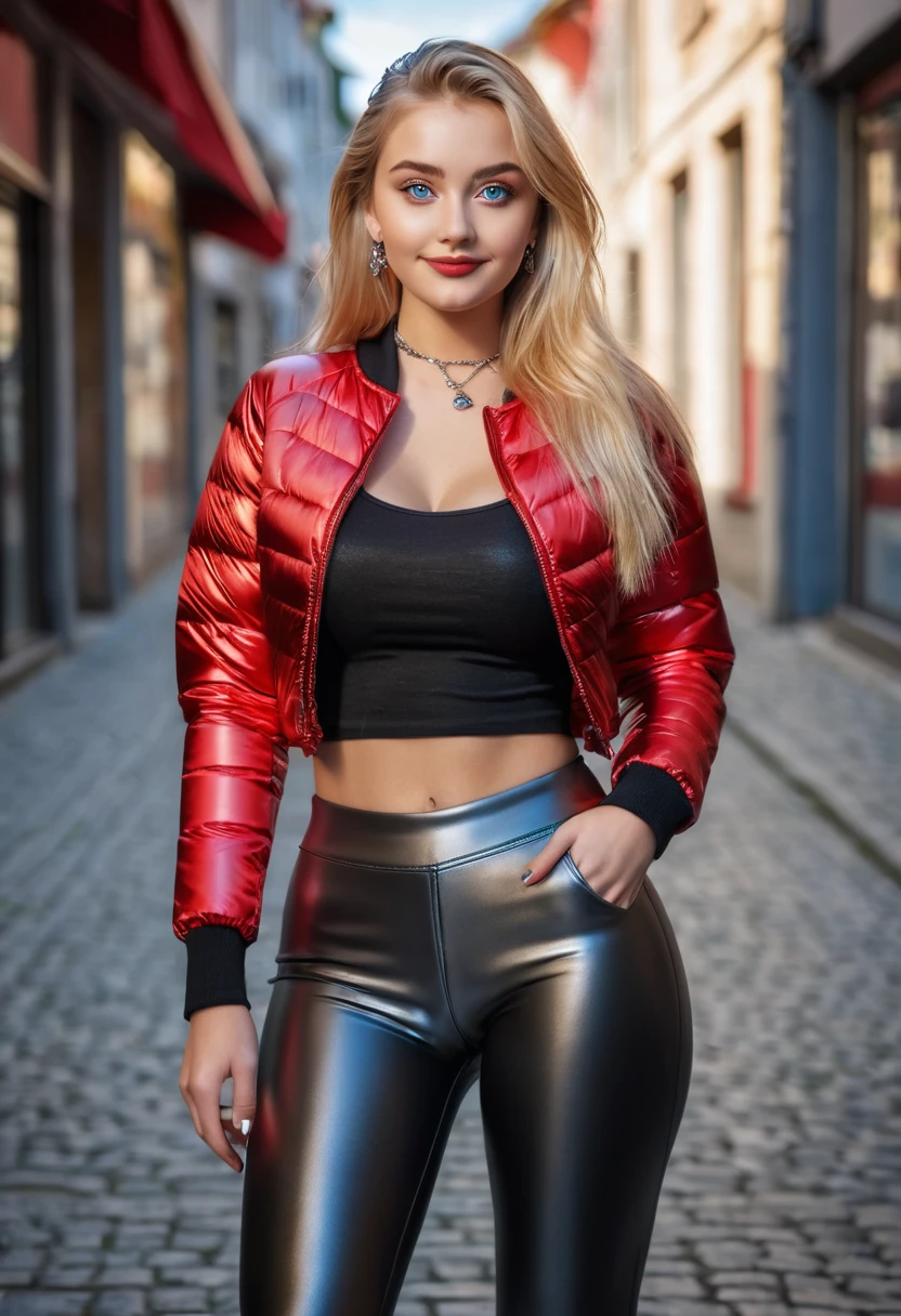 hyperrealistic beautiful busty 18-year-old women in red longsleeve croptop with shiny metallic puffer-jacket and leather leggins, model shooting full body photography, view from behind, natural blonde very long straight hair, dark eye makeup with eyeliner, seductive smile, small necklace and earrings, 8K, best quality, Meisterwerk, ultra high resolution, (Realismus: 1.4), Originalfoto, (realistische Hautstruktur: 1.3), (Filmkorn: 1.3), (Selfie-Winkel), 1 girl, Beautiful round blue eyes and facial details, Meisterwerk, best quality