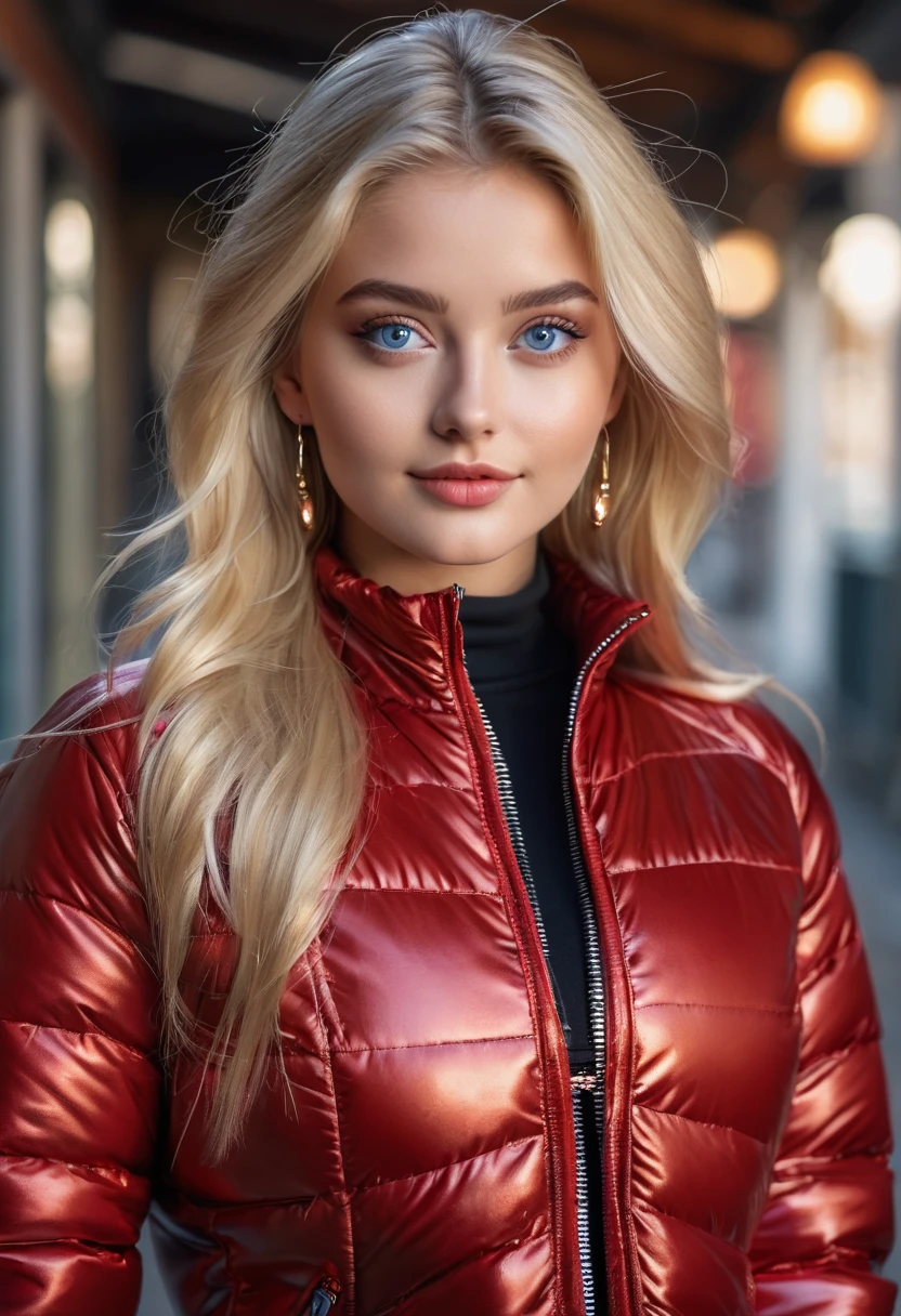 hyperrealistic beautiful busty 18-year-old women in red longsleeve croptop with shiny metallic puffer-jacket and leather leggins, model shooting full body photography, view from behind, natural blonde very long straight hair, dark eye makeup with eyeliner, seductive smile, small necklace and earrings, 8K, best quality, Meisterwerk, ultra high resolution, (Realismus: 1.4), Originalfoto, (realistische Hautstruktur: 1.3), (Filmkorn: 1.3), (Selfie-Winkel), 1 girl, Beautiful round blue eyes and facial details, Meisterwerk, best quality