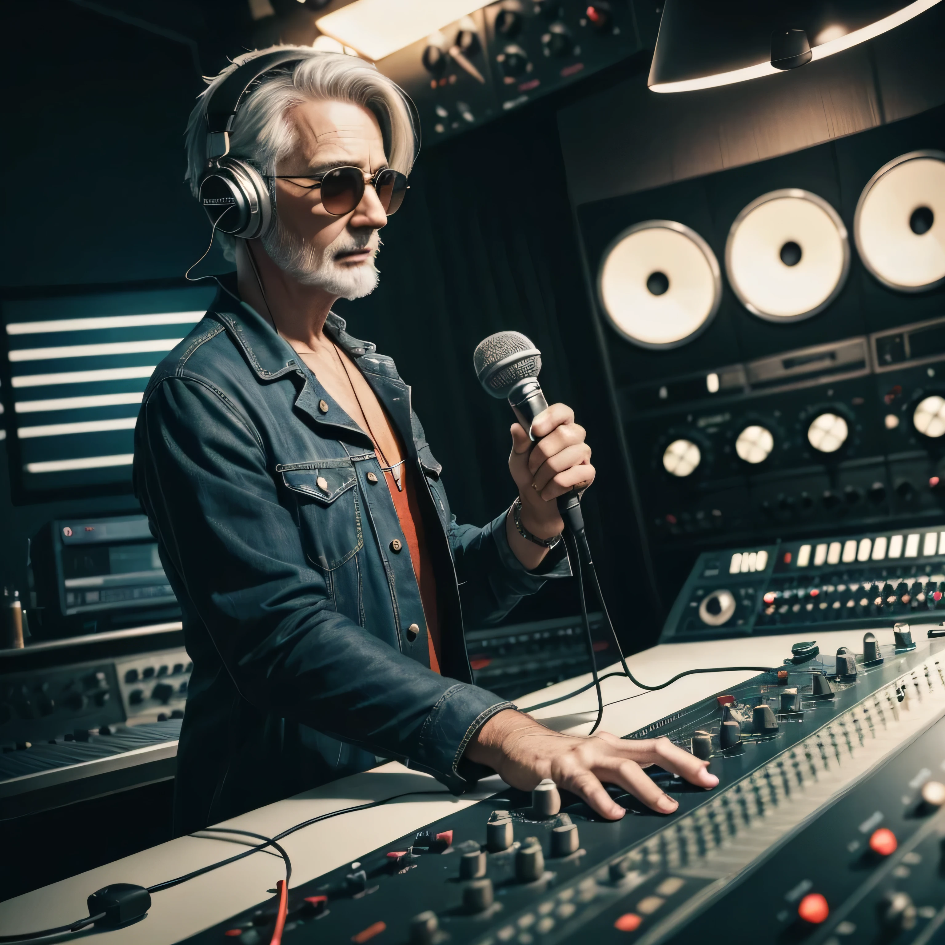 A stylish old radio DJ in a retro studio wearing headphones behind a mixing desk speaks into a microphone