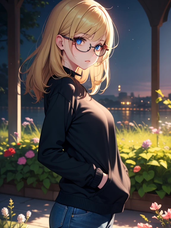 (masterpiece, best quality, high resolution, 8k), cowboy shot, BREAK, girl style anime, well defined eyes, high definition eyes, perfect body, perfect anatomy, eyelashes and black shadow under the eyes, detailed, round eyes with eyelashes and highlighted eye shadow, BREAK, wearing blue glasses, brown light eyes, two color in her hair, blonde hair, black hair, wearing sweater blue, with watch on her hands, small breast, BREAK, stand up in front of viewer in a garden