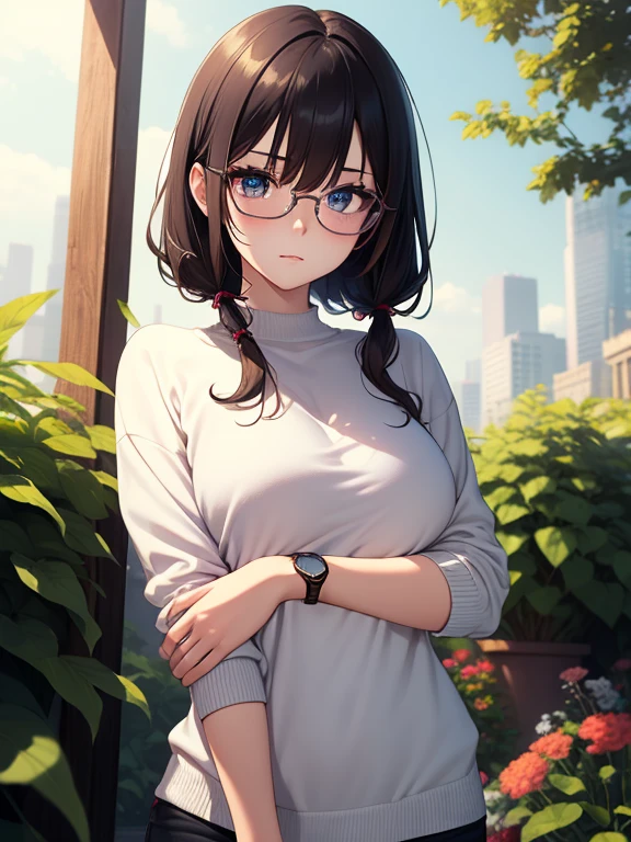 (masterpiece, best quality, high resolution, 8k), cowboy shot, BREAK, girl  style anime, well defined eyes, high definition eyes, perfect body, perfect anatomy, eyelashes and black shadow under the eyes, detailed, round eyes with eyelashes and highlighted eye shadow, BREAK, wearing blue glasses, brown light eyes, two color in her hair, blonde hair, black hair, wearing sweater blue, with watch  on her hands, small  breast, BREAK, stand up in front of viewer in a garden